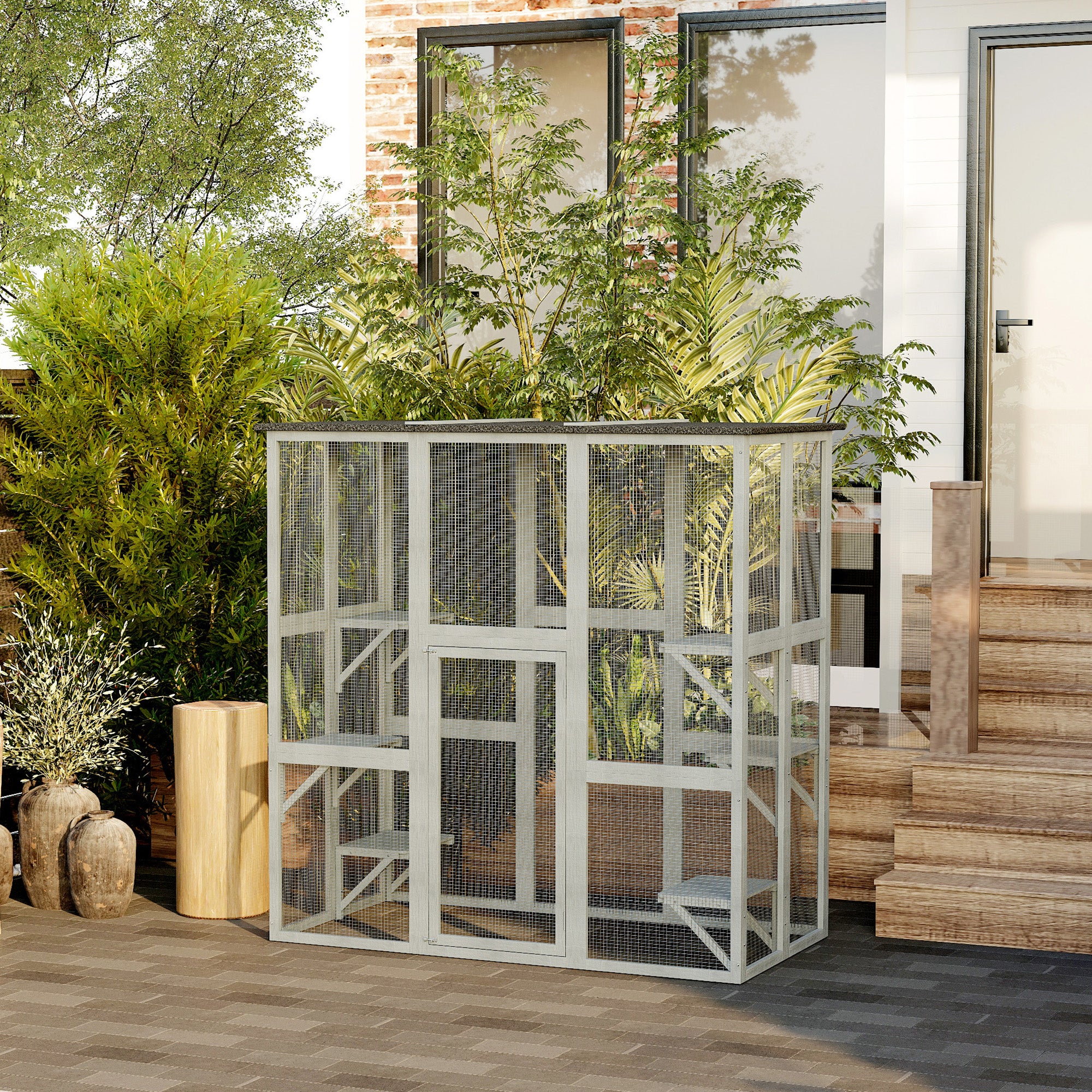 Large Outdoor Catio Enclosure, Weatherproof Cat House with Asphalt Roof, Wooden Cat Patio Cage with 6 Balanced Platforms, 71