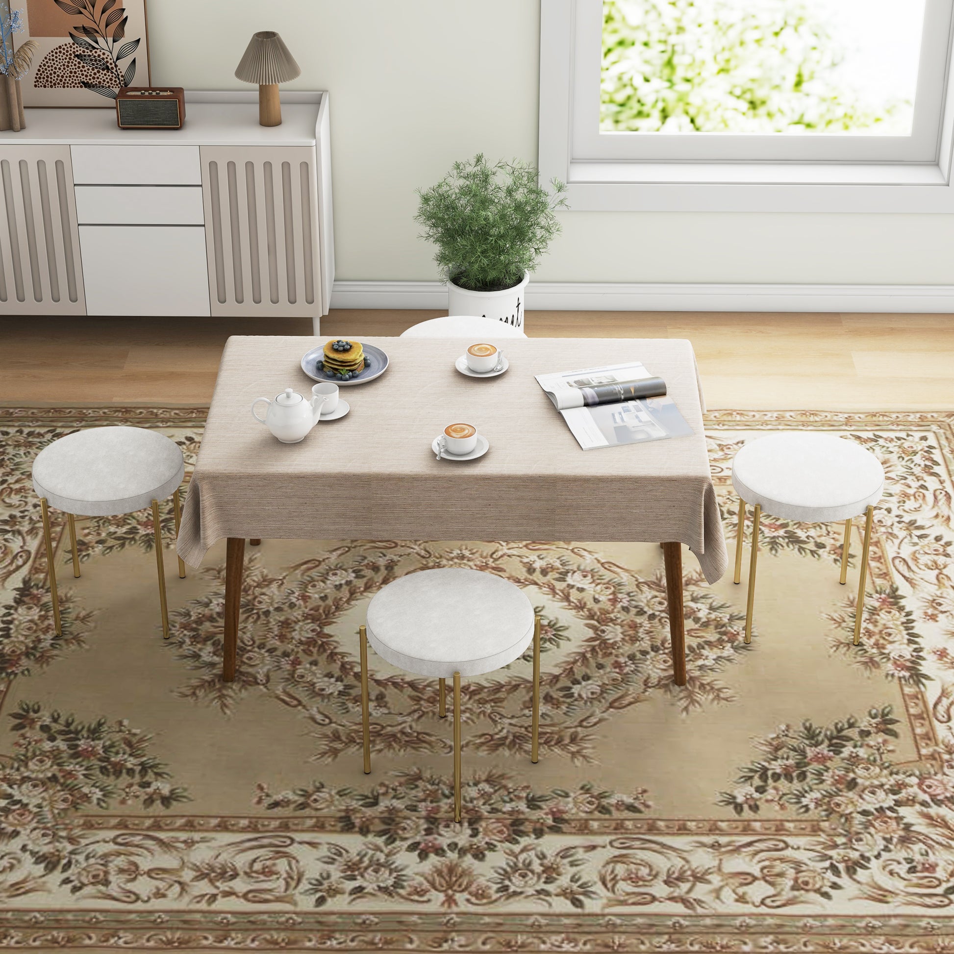 Backless Round Dining Chairs, Modern Stacking Stools Set of 4, Kitchen Chairs with Metal Legs, Cream White Dining Chairs   at Gallery Canada