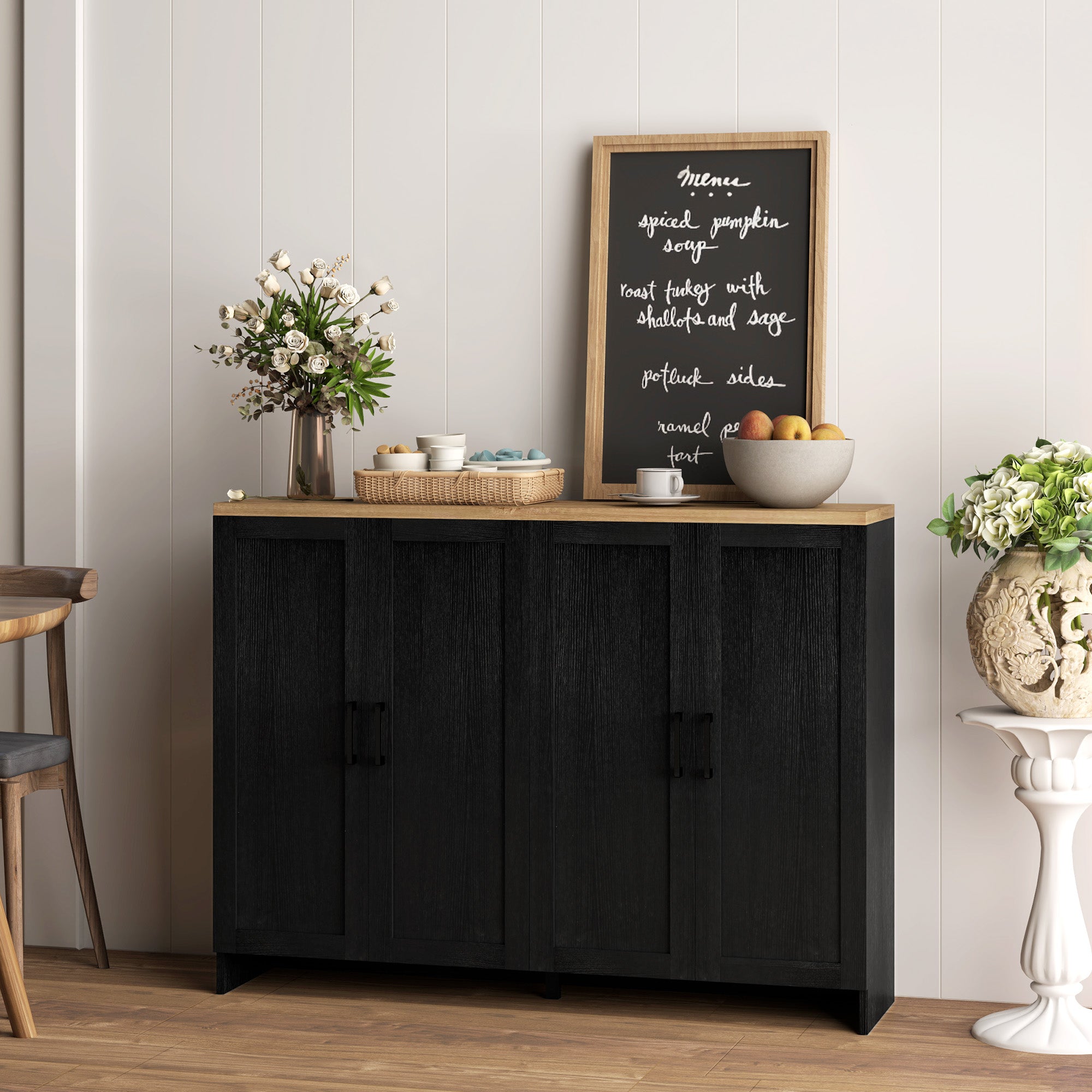 Modern Sideboard Buffet Cabinet, Modern Kitchen Storage Cabinet with 4 Doors Adjustable Shelves, for Dining Room, Black Storage Cabinets at Gallery Canada