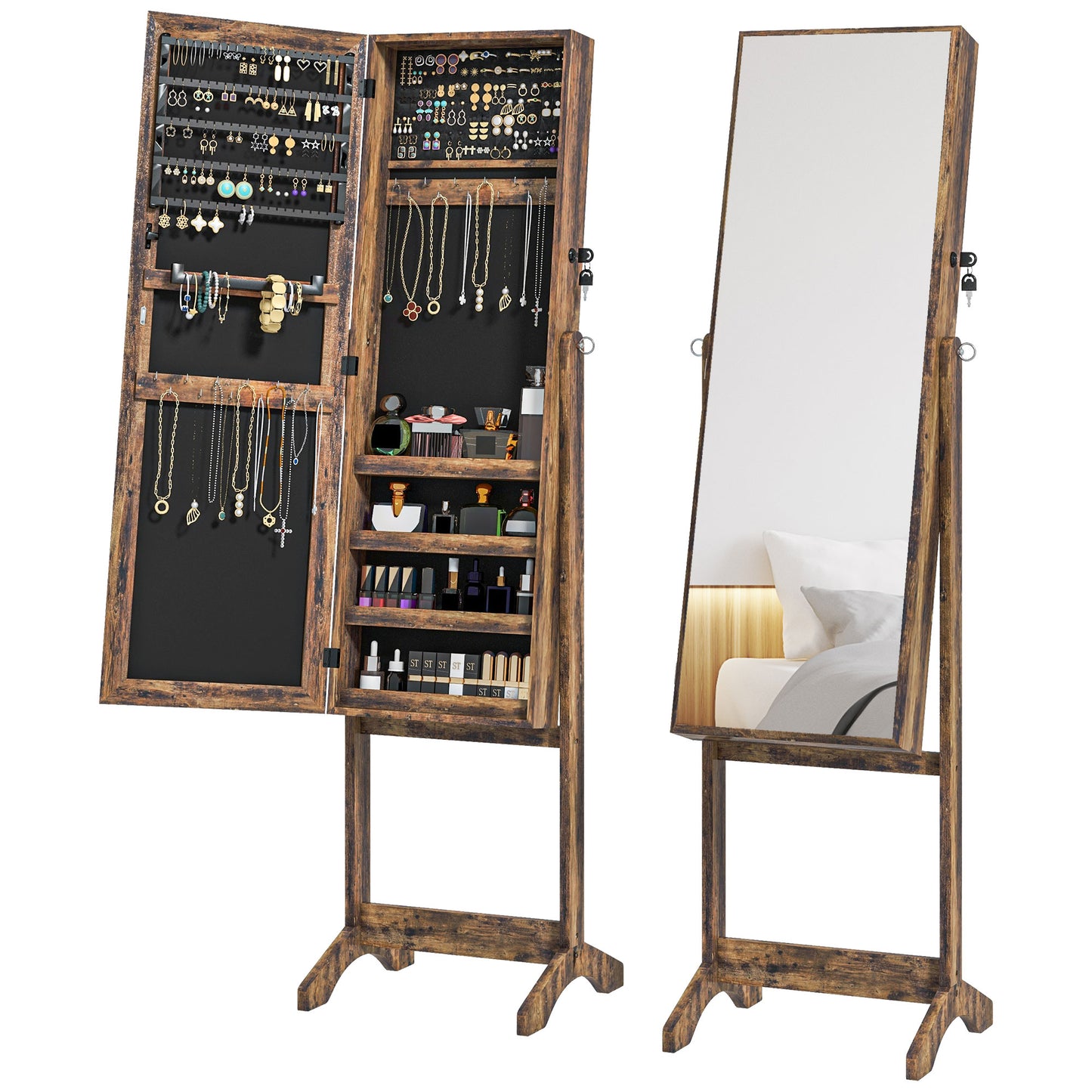 Lockable Mirror Jewelry Cabinet, Full-Length Mirror and Jewellery Storage with 3 Adjustable Angles, Rustic Brown Jewelry Armoire & Jewellery Mirror Cabinets   at Gallery Canada