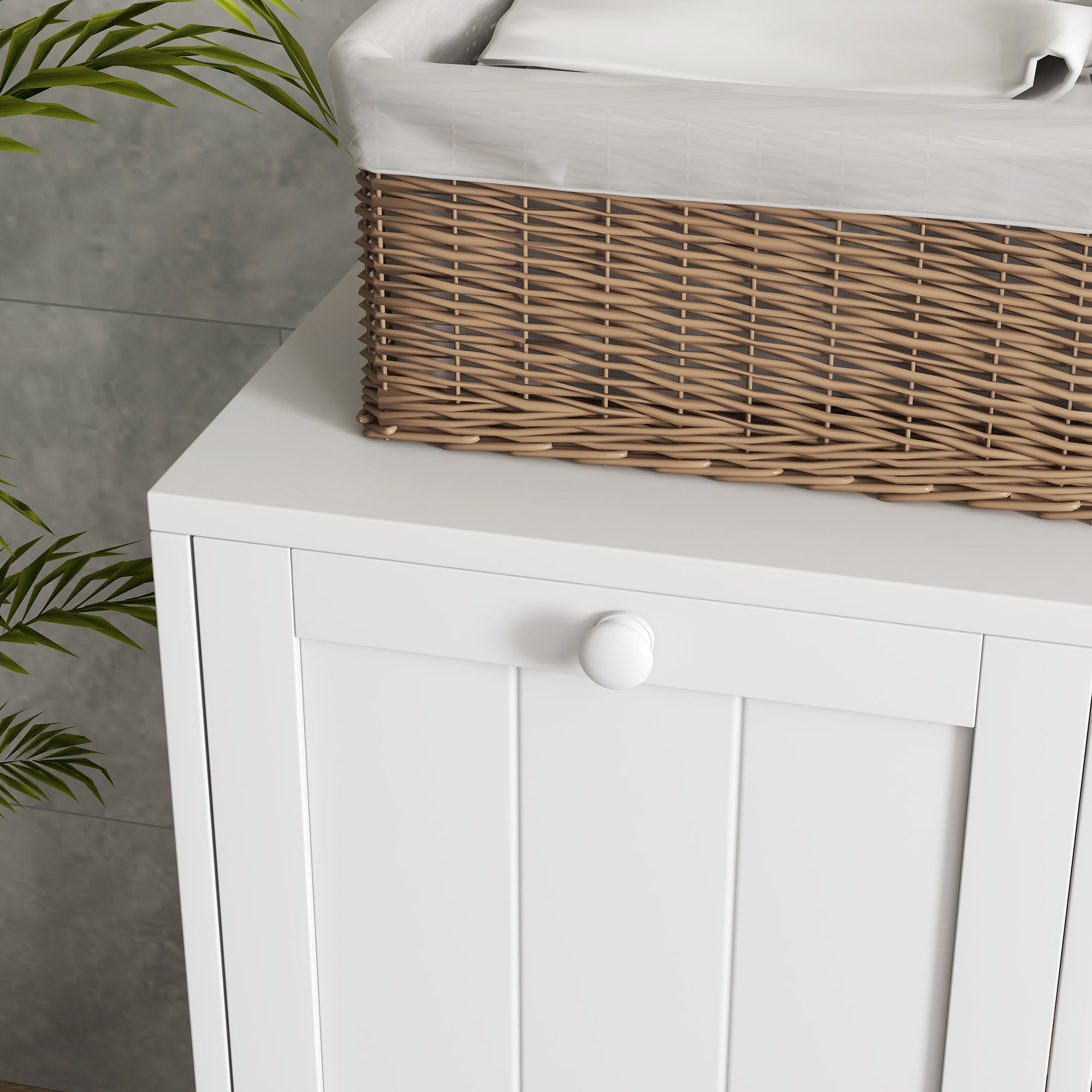 Tilt-Out Laundry Storage Cabinet, Modern Laundry Hamper with 2 Compartments for Bathroom Washroom, White Bathroom Cabinets at Gallery Canada