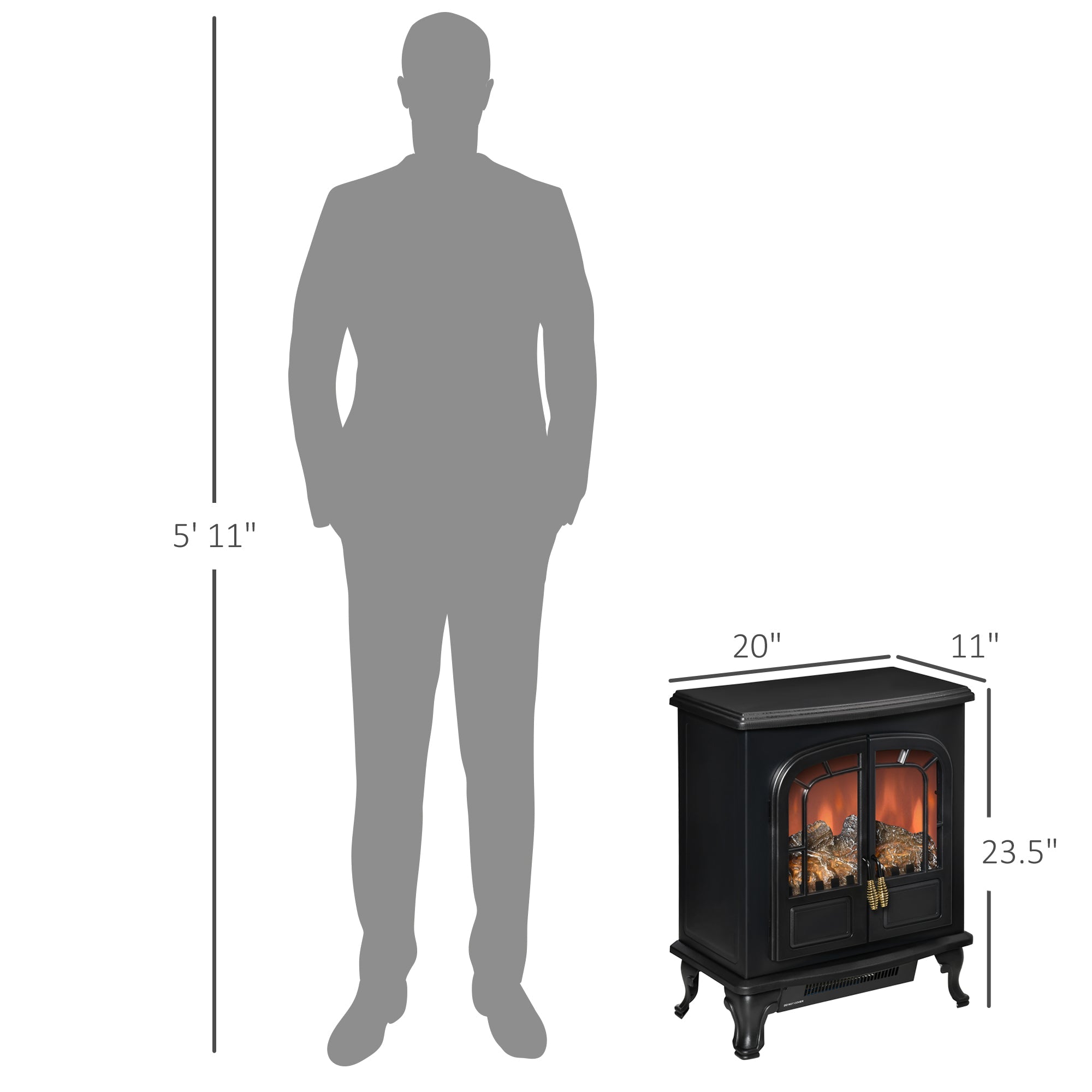 Electric Fireplace Stove Heater with LED Fire Flame Effect, Double Door, Freestanding &; Portable with Overheat Protection, 750W/1500W, Black Electric Fireplaces Black  at Gallery Canada