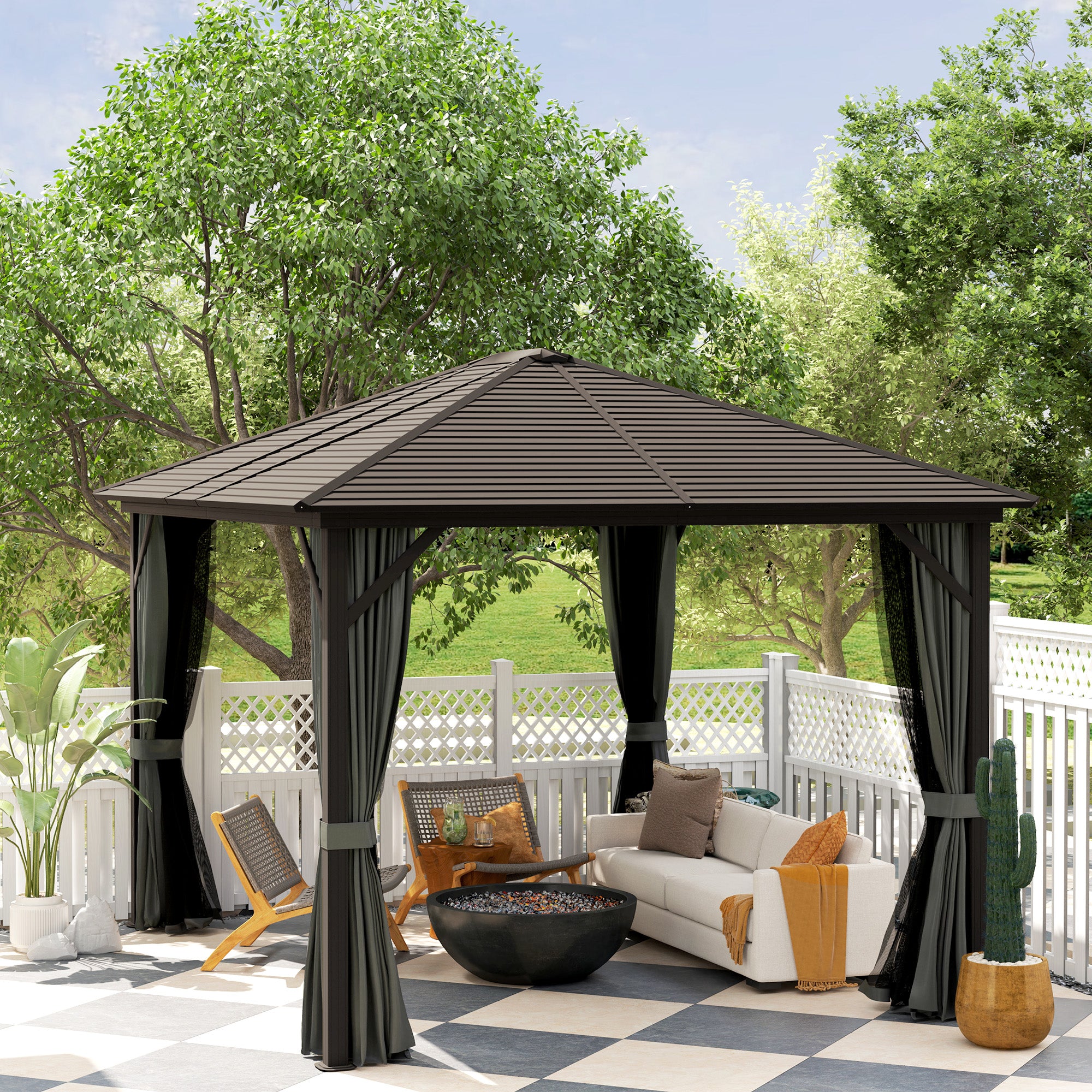 10' x 12' Deluxe Hardtop Gazebo with Metal Roof, Aluminum Frame Patio Gazebo Garden Sun Shelter Outdoor Pavilion with Curtains and Netting, Grey Gazebos at Gallery Canada