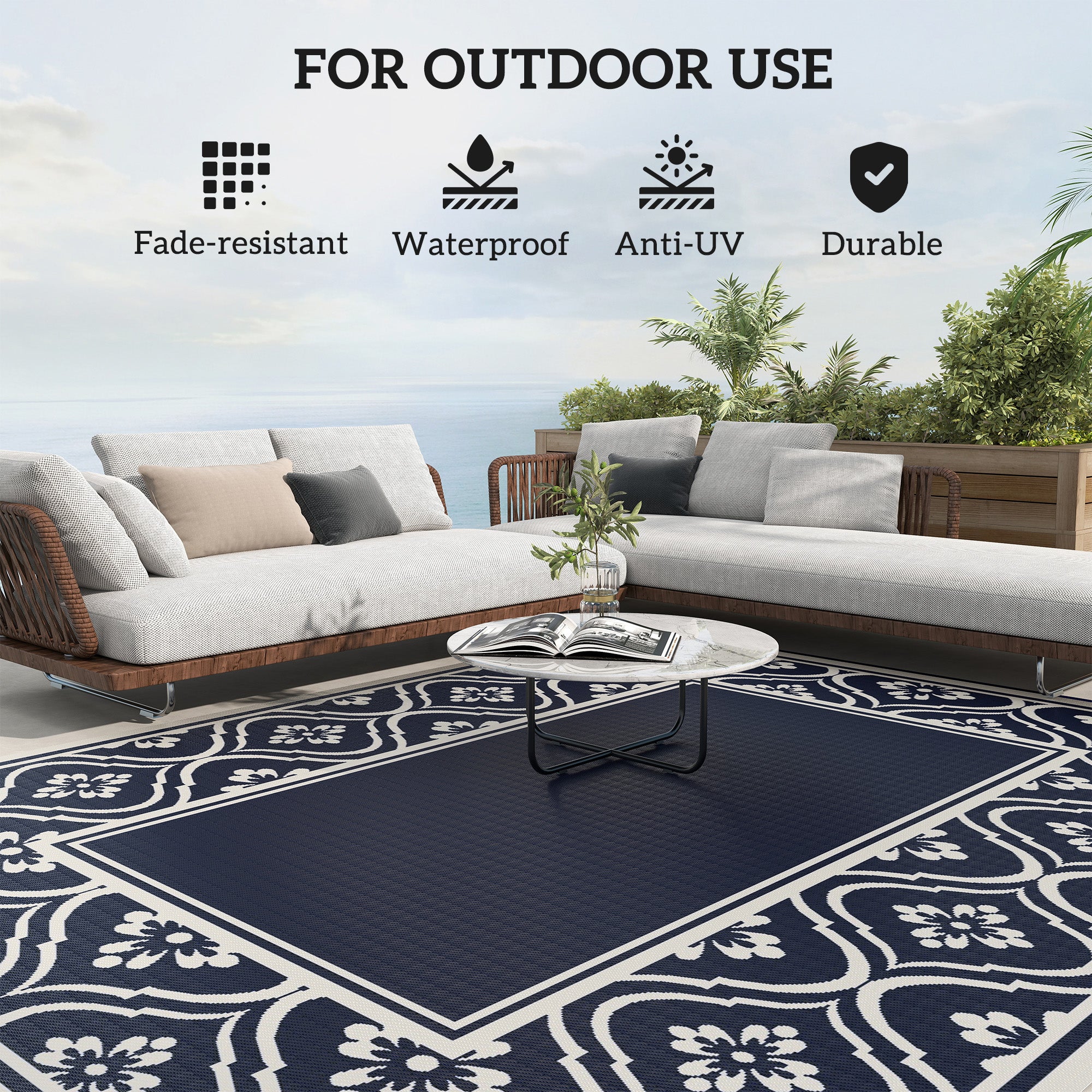 8' x 10' Outdoor RV Rug, Reversible Patio Floor Mat with Carry Bag, Gourd Border, Blue and White Garden Decor at Gallery Canada