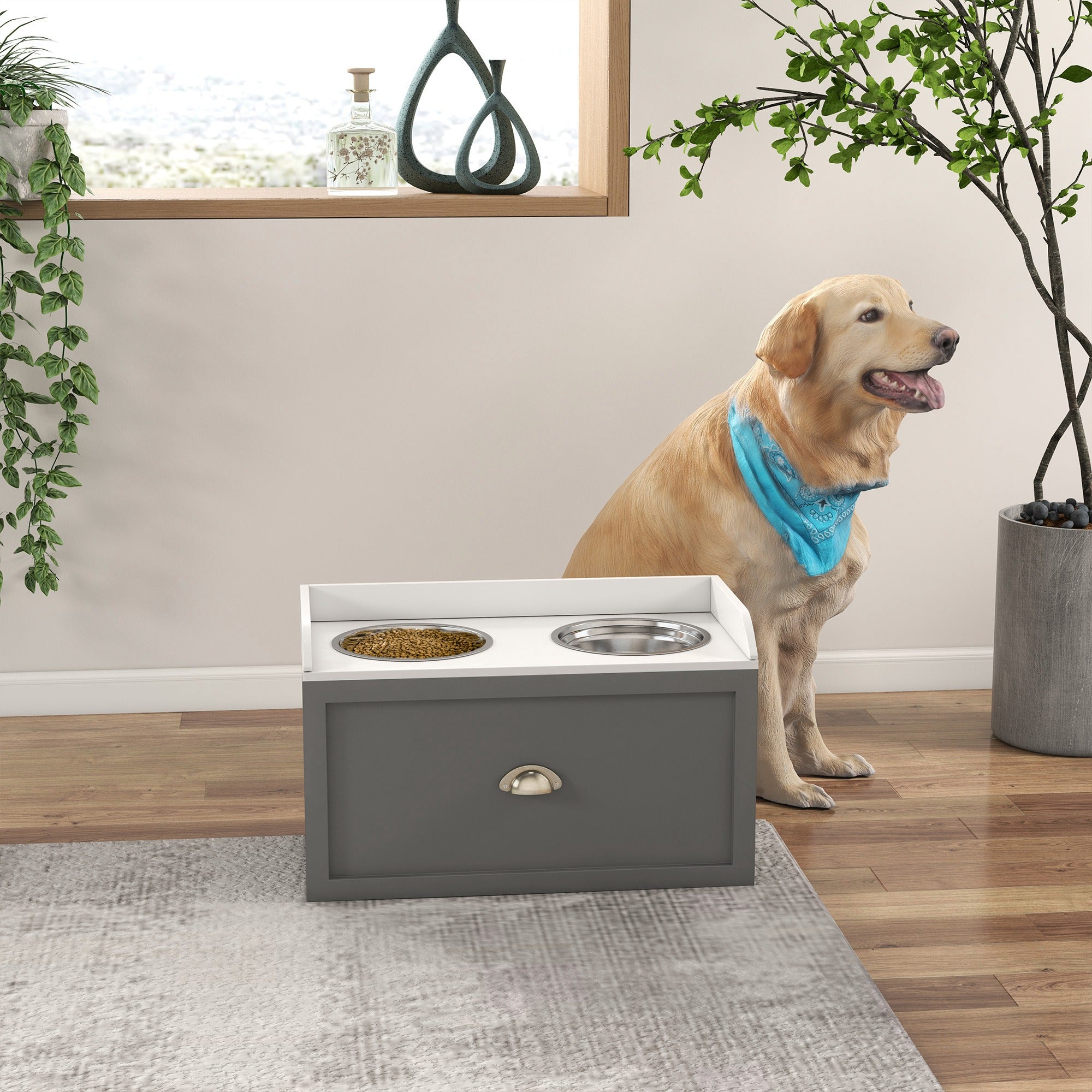 Large Elevated Dog Bowls with Storage Drawer, Raised Pet Feeding Station with 2 Stainless Steel Bowls, Grey Dog Bowls at Gallery Canada