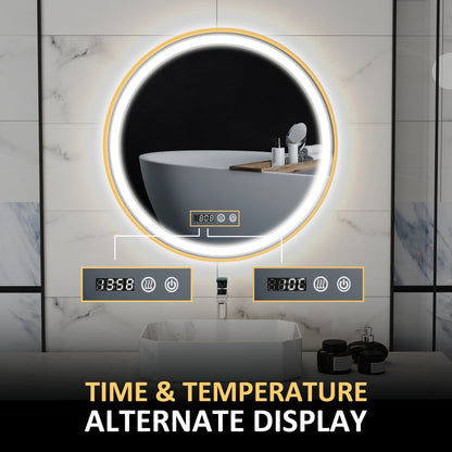 28" Round Bathroom Mirror with LED Lights, Wall Mounted Vanity Mirror with Anti-Fog Pad, Time and Temp Display, Gold Wall Mirrors at Gallery Canada