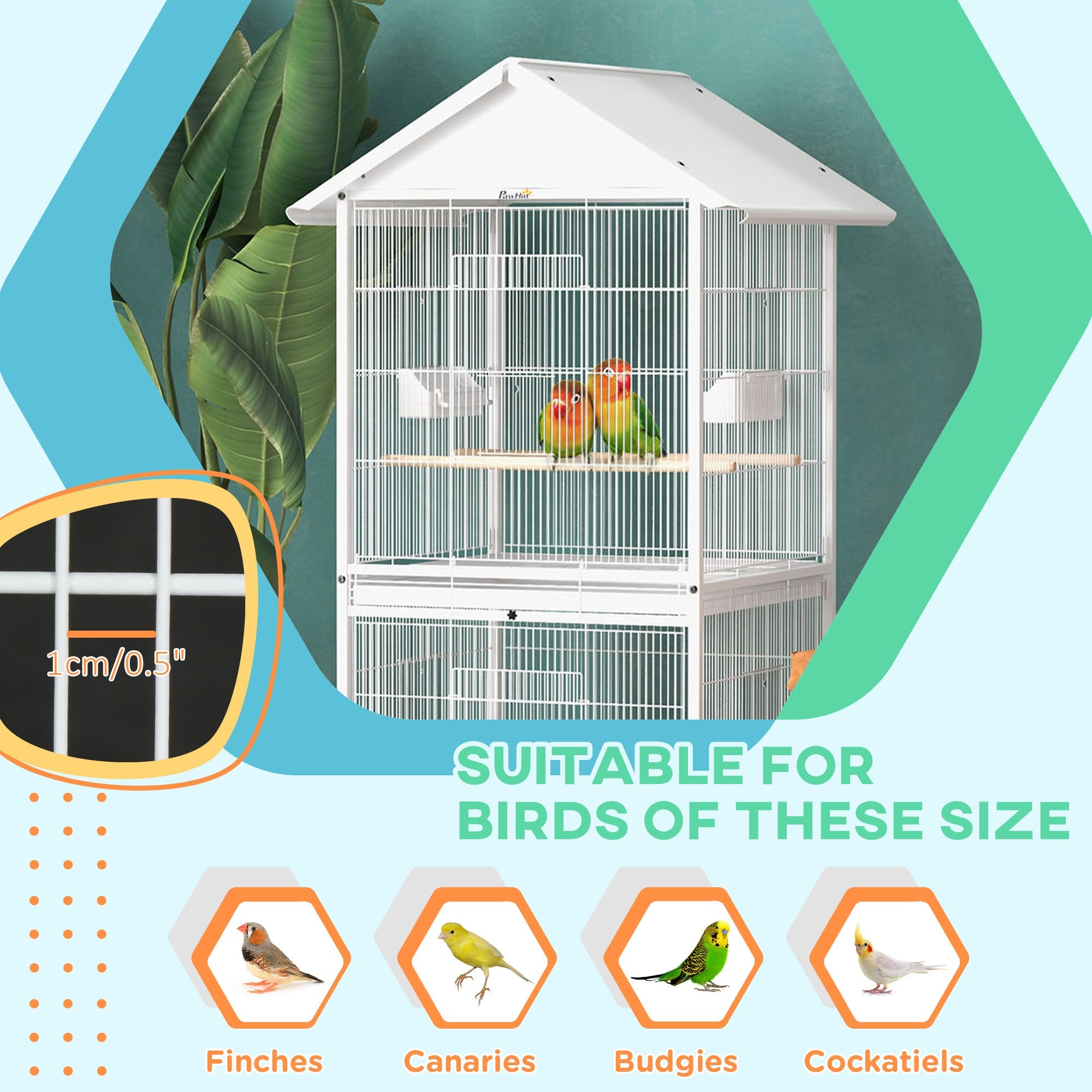 Wrought Metal Bird Cage Feeder with Rolling Stand Perches Food Containers Doors Wheels 67