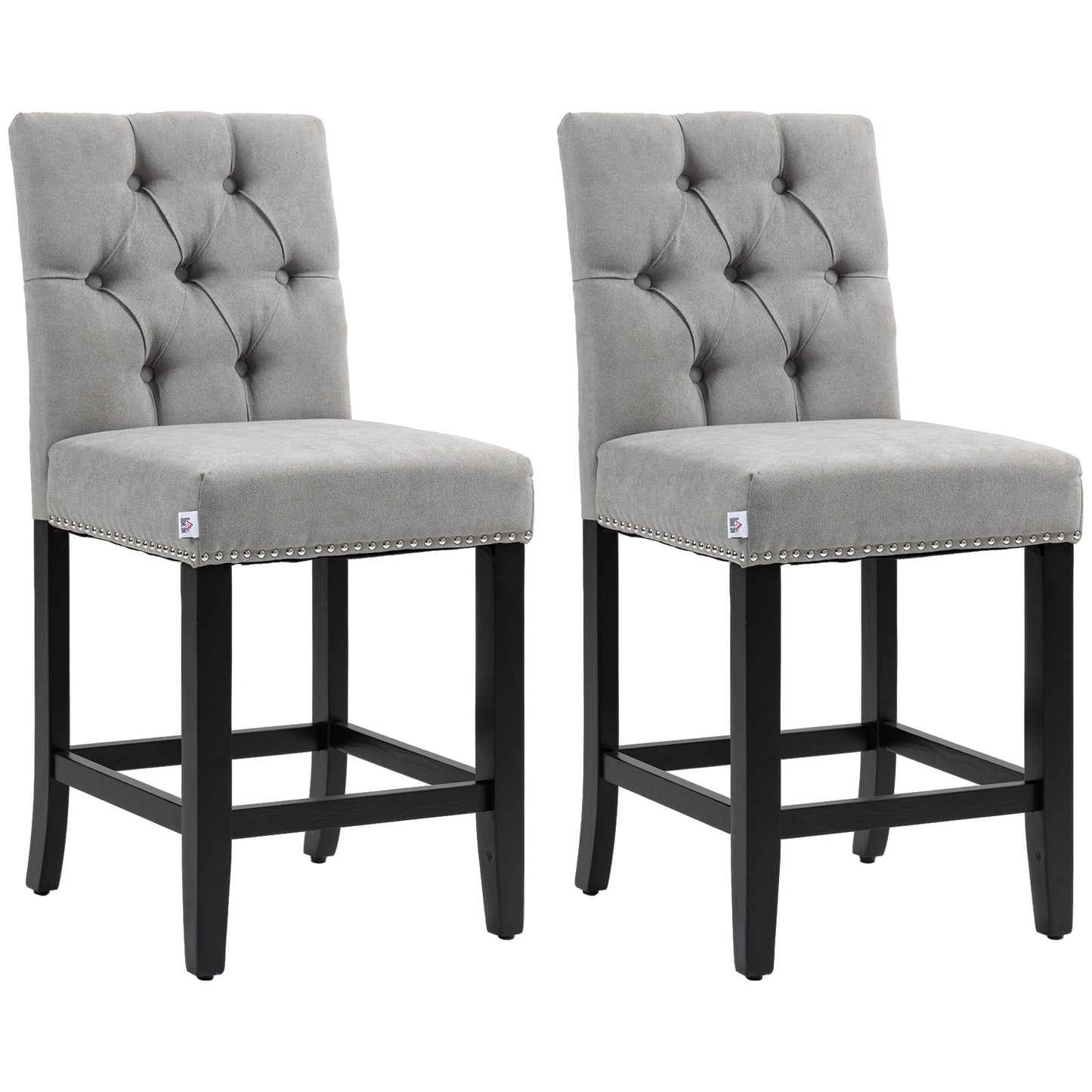 Fabric Bar Stool Set of 2, Tall 25.6" Seat Height Bar Chairs with Tufted Back &; Wood Legs, Light Grey Bar Stools   at Gallery Canada