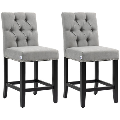 Fabric Bar Stool Set of 2, Tall 25.6" Seat Height Bar Chairs with Tufted Back &; Wood Legs, Light Grey Bar Stools   at Gallery Canada