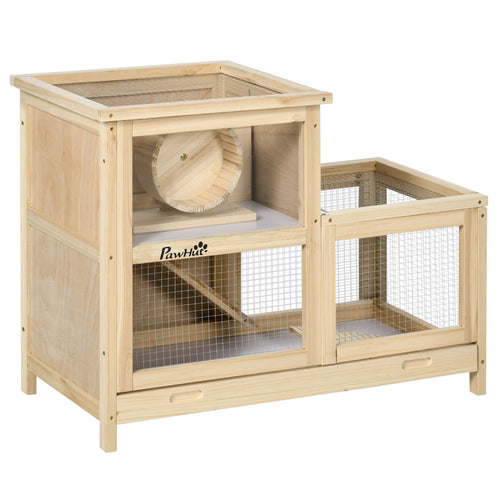 Wooden Hamster Cage, Mice Rodent Small Animals Kit Hutch, 2 Tiers Exercise Play House, with Sliding Tray, Ladder, Seesaw, Running Wheel, Openable Roofs, 31