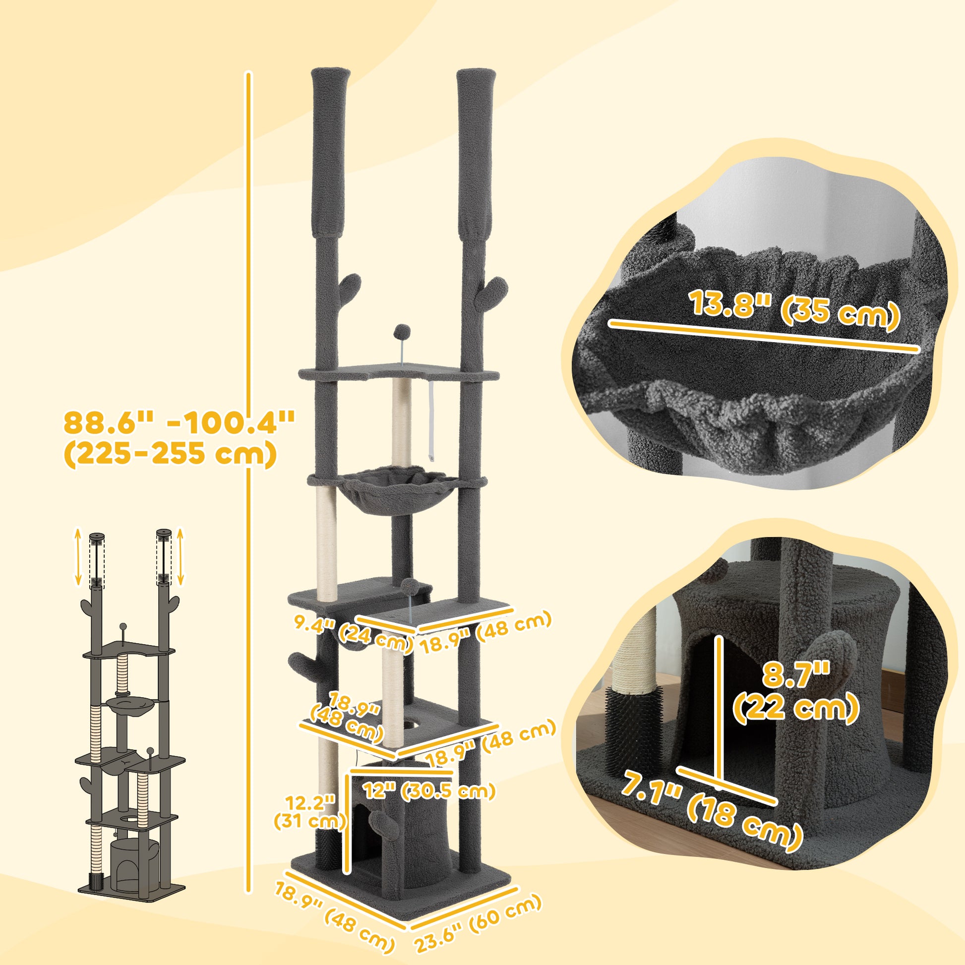 89"-100" Floor to Ceiling Cat Tree Cat Tower for Large Cats w/ Scratching Posts, Grooming Brush Post, Cat Condo, Grey Floor to Ceiling Cat Trees   at Gallery Canada