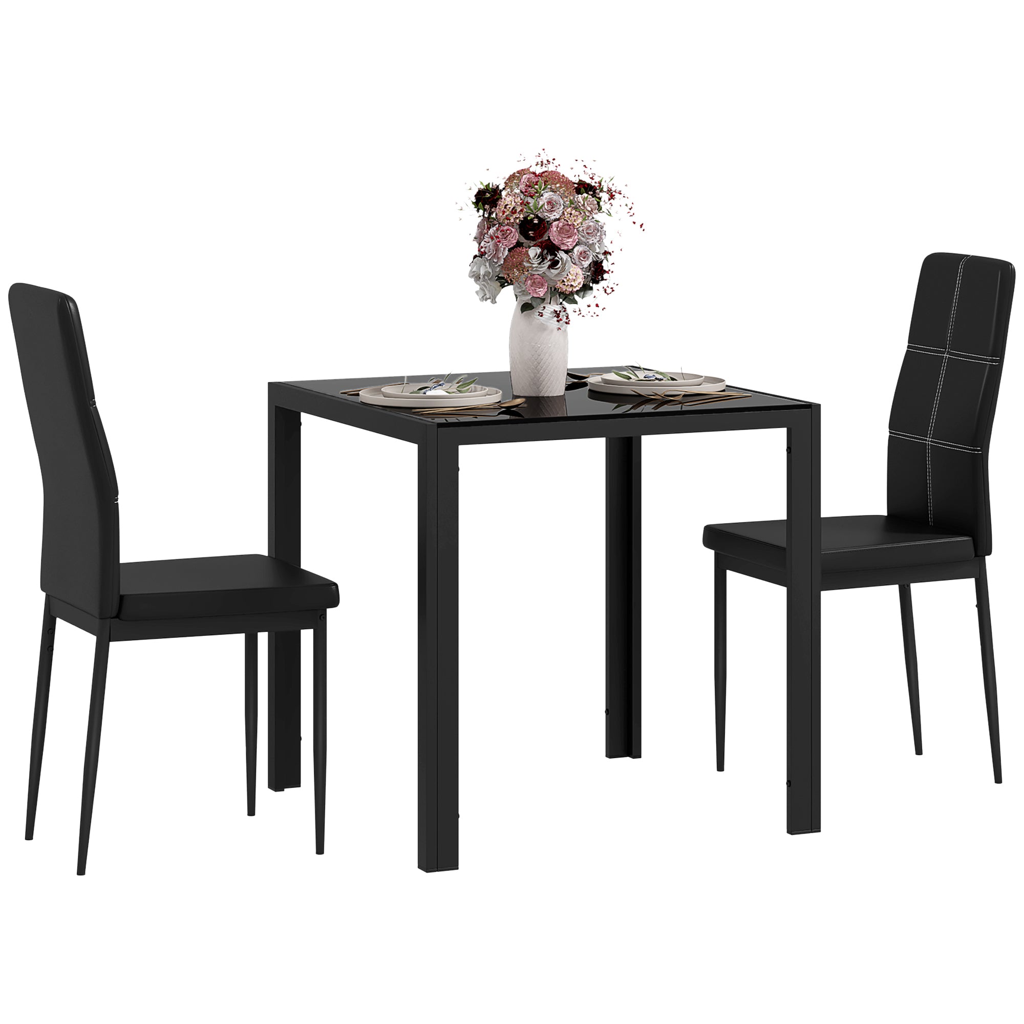 3-Piece Rectangular Glass Kitchen Table and Chairs with Metal Frame and Faux Leather Upholstery for Dining Room, Black Bar Sets   at Gallery Canada