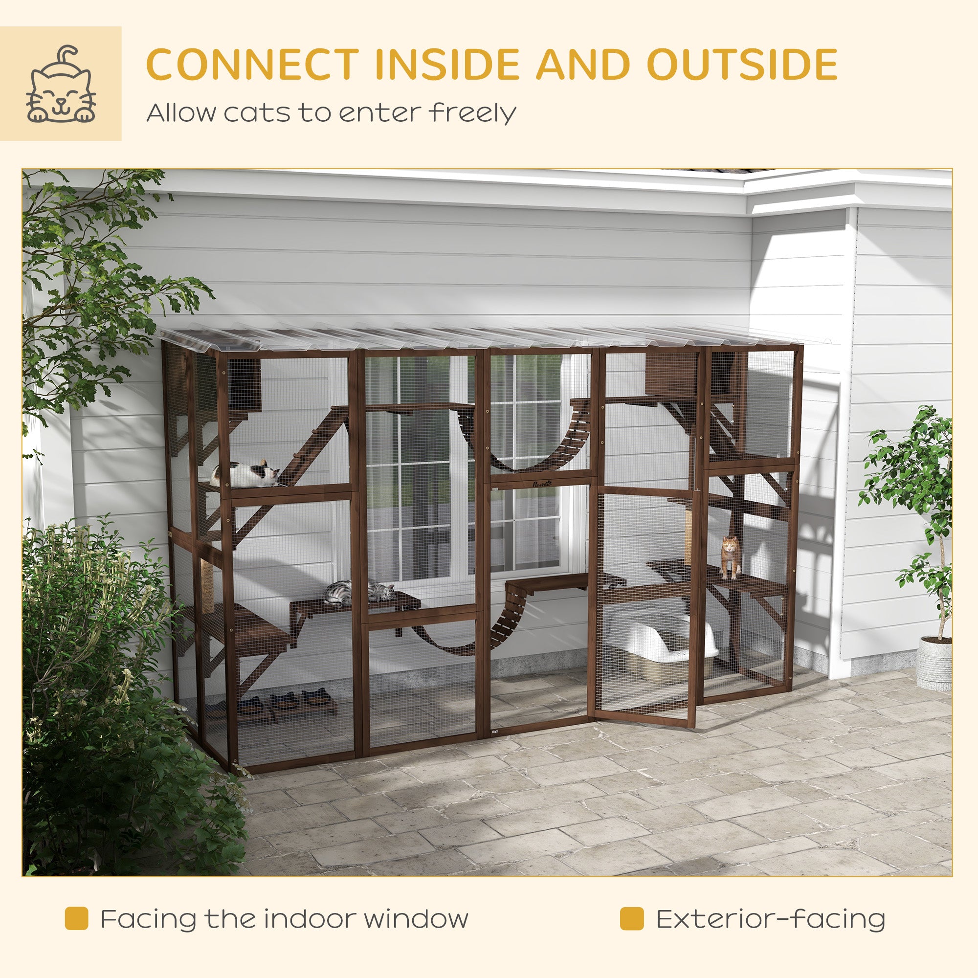 Large Outdoor Catio with Condos, Platforms, Doors, Ladders, Weather-Resistant Roof, Espresso Outdoor Cat Enclosures at Gallery Canada