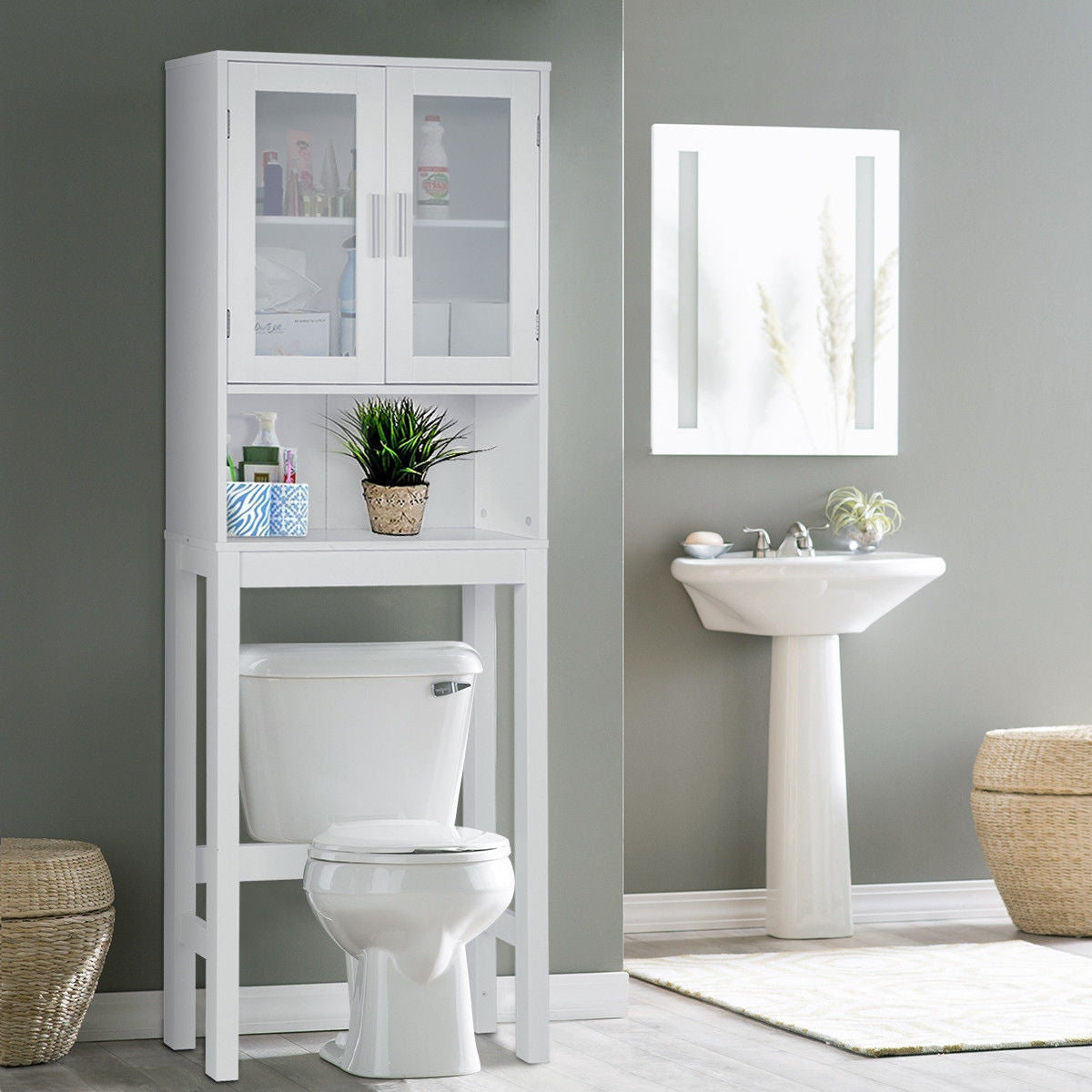 Wooden over the toilet Storage Cabinet with Tower Rack, White Bathroom Etagere   at Gallery Canada