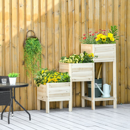 3-Tier Raised Garden Bed with Storage Shelf and Drainage Hole, 49"x18"x43", Natural Wood Elevated Garden Beds   at Gallery Canada