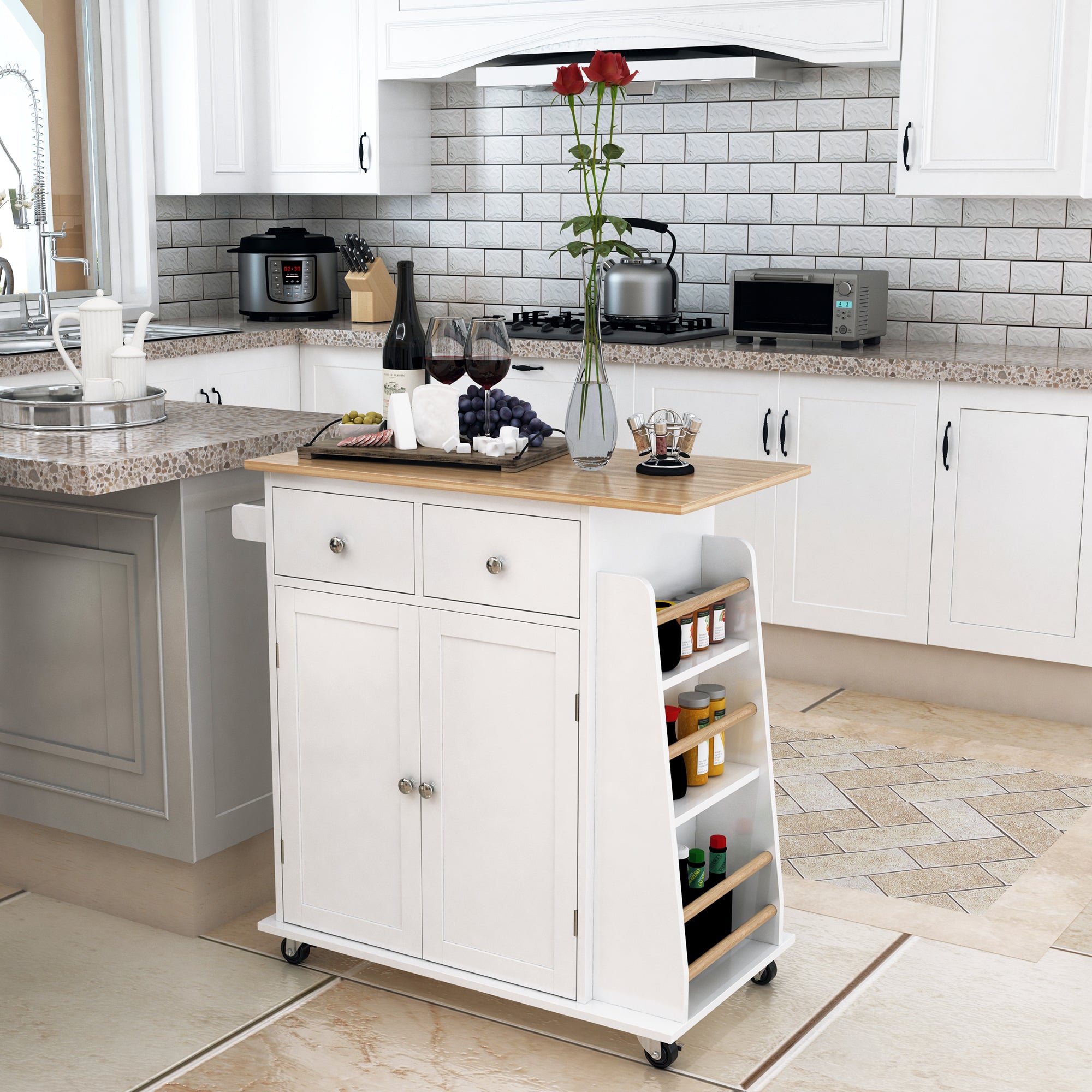 Rolling Kitchen Island Trolley Storage Cart with Rubber Wood Top, 3-Tier Spice Rack, Towel Rack Home Kitchen Carts, White Kitchen Islands & Kitchen Carts at Gallery Canada