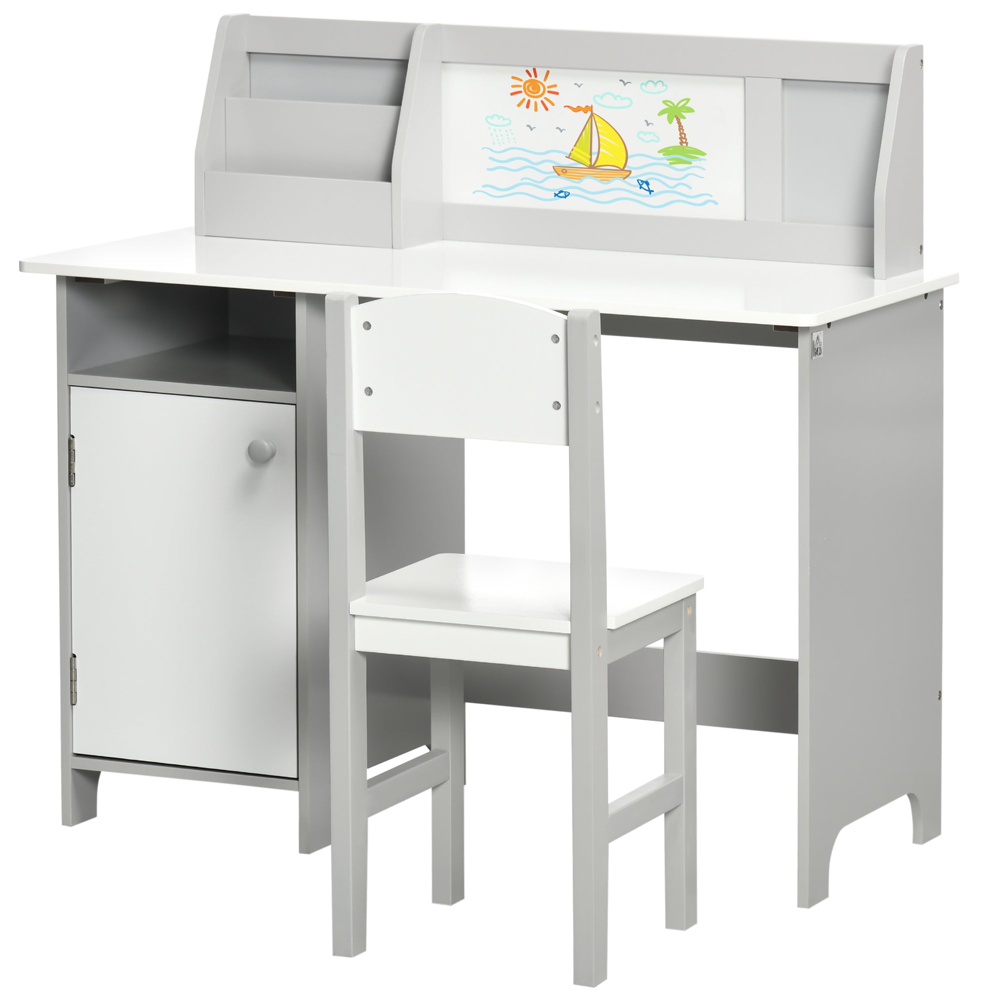 2Pcs Kids Desk and Chair Set with Whiteboard, Storage, Shelves, Grey Kids Desk Sets Multi Colour  at Gallery Canada