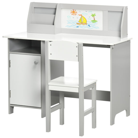 2Pcs Kids Desk and Chair Set with Whiteboard, Storage, Shelves, Grey Kids Desk Sets Multi Colour  at Gallery Canada