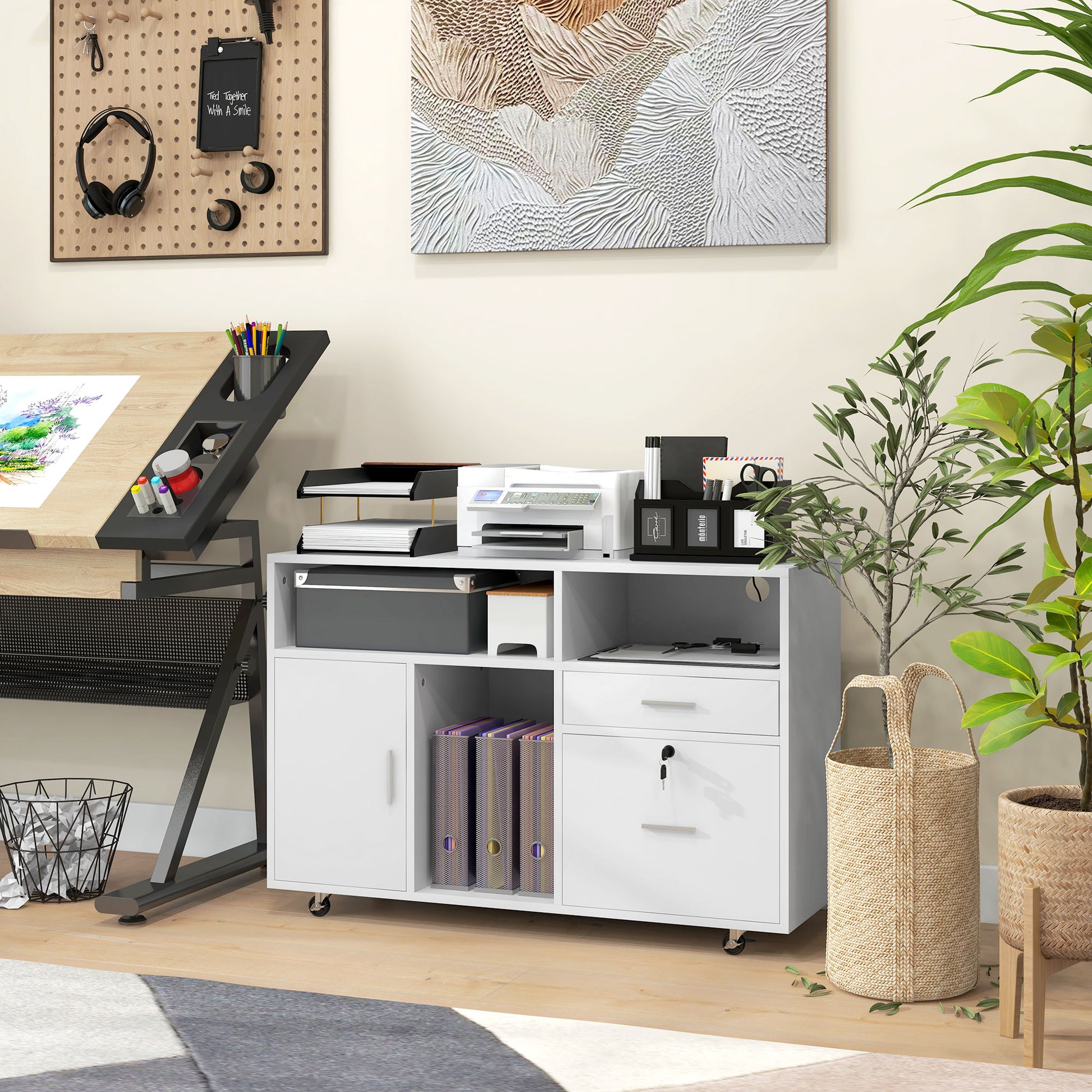 Mobile Printer Stand with Charging Station and USB Ports, Locking Filing Cabinet for A4 and Letter Size, White Office Cabinets & Cupboards   at Gallery Canada