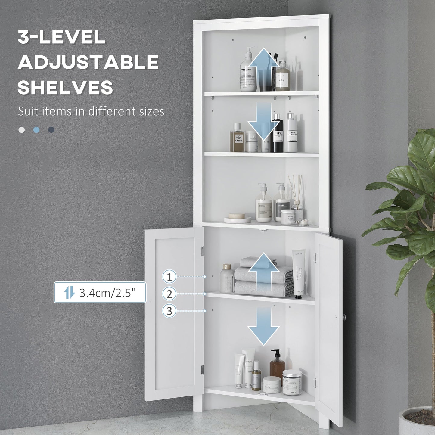 Tall Bathroom Storage Cabinet, Corner Cabinet with Doors, Linen Cabinet with Doors and 3-Tier Shelves, White Bathroom Cabinets   at Gallery Canada