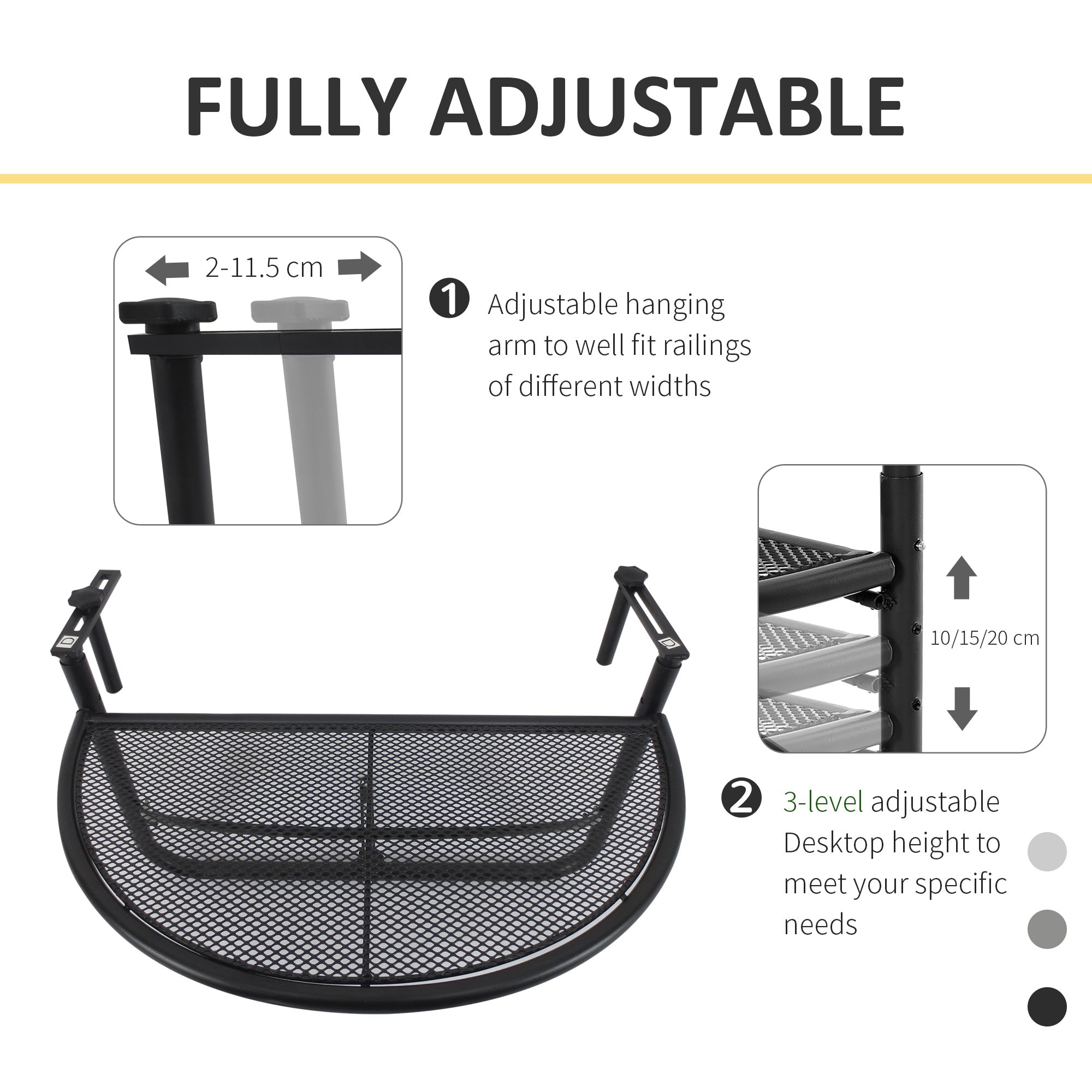 Adjustable Balcony Hanging Rail Table Metal Mounting Mini Wall Desk Storage Rack Outdoor Flower Stand, Black Balcony Table Hanging at Gallery Canada