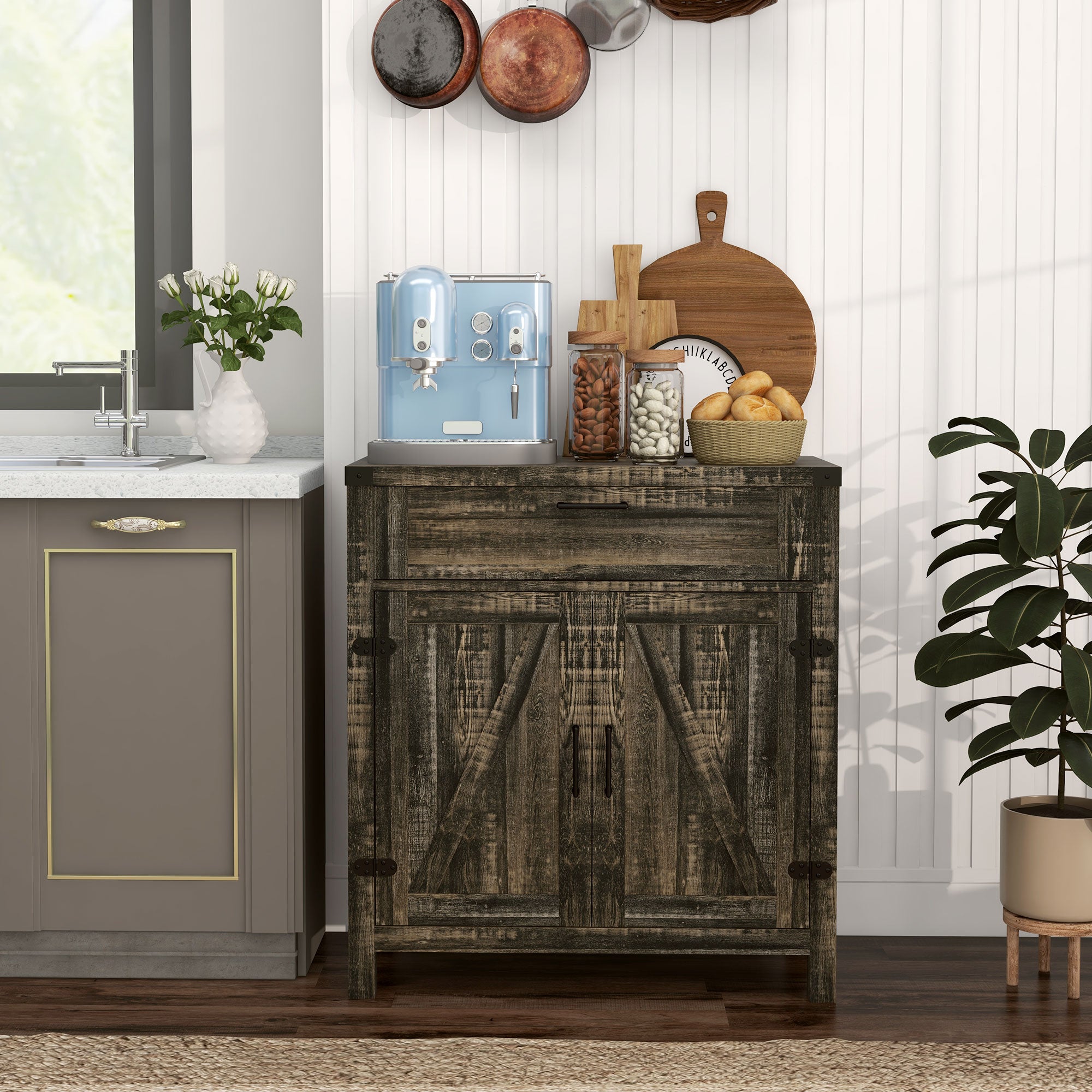 Farmhouse Kitchen Storage Cabinet, Sideboard Buffet Cabinet with 2 Rustic Barn Doors and Drawer, Dark Oak Bar Cabinets Dark Oak  at Gallery Canada