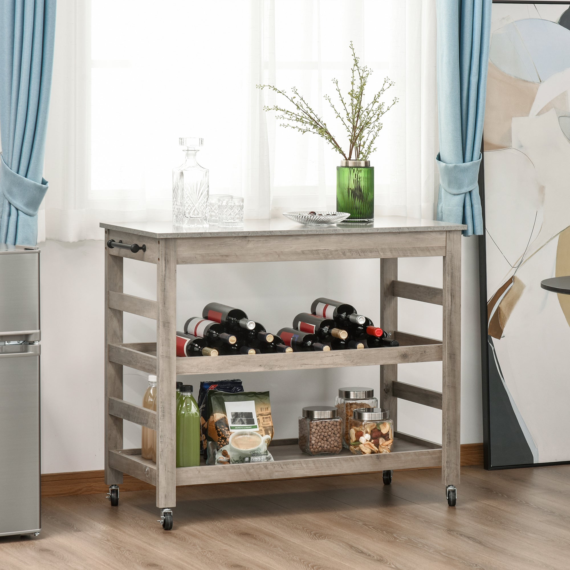Kitchen Cart Rolling Kitchen Island Utility Trolley with Concrete Effect Top &; Storage Wine Rack, Grey Kitchen Islands & Kitchen Carts at Gallery Canada