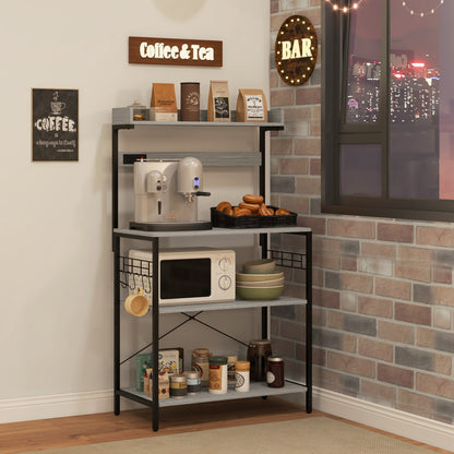 Kitchen Baker's Rack with Power Outlet, Coffee Bar Station with Adjustable Shelves and Hooks, Distressed Grey Bar Cabinets   at Gallery Canada