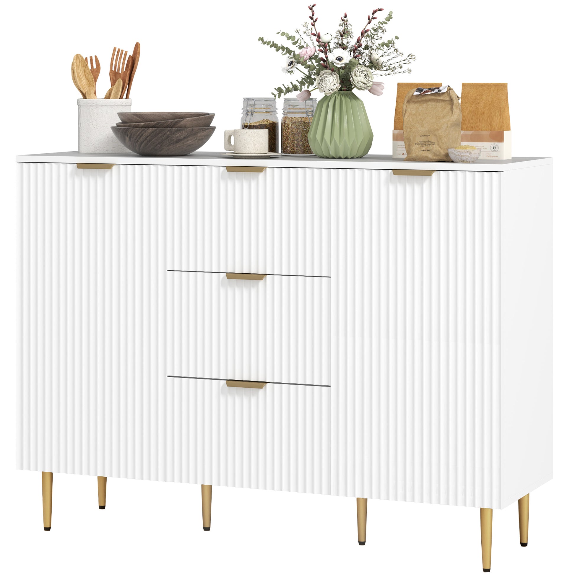 Modern Kitchen Storage Cabinet, Sideboard Buffet Cabinet w/ 3 Drawers and Adjustable Shelves for Kitchen Hallway, White Bar Cabinets   at Gallery Canada