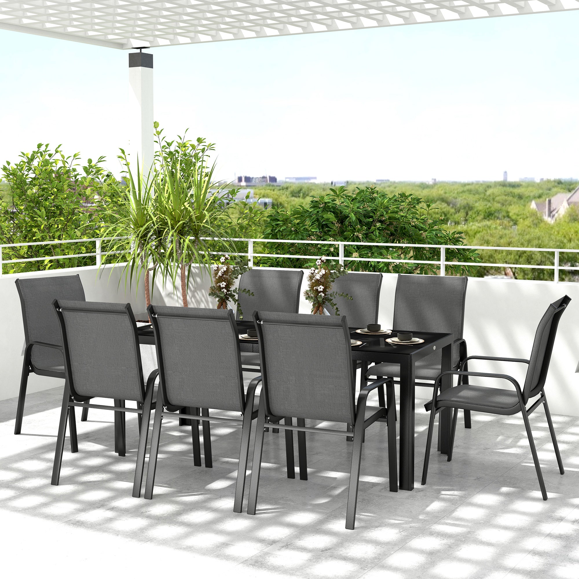 9 Pieces Patio Set with Stackable Chairs, Patio Dining Set with Glass Top for Garden, Patio, Backyard, Grey Outdoor Dining Sets at Gallery Canada