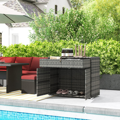 Outdoor Storage Cabinet, Wicker 2-Door Pool Towel Storage Cabinet with Drawer, PE Rattan Pool Organizer, Grey