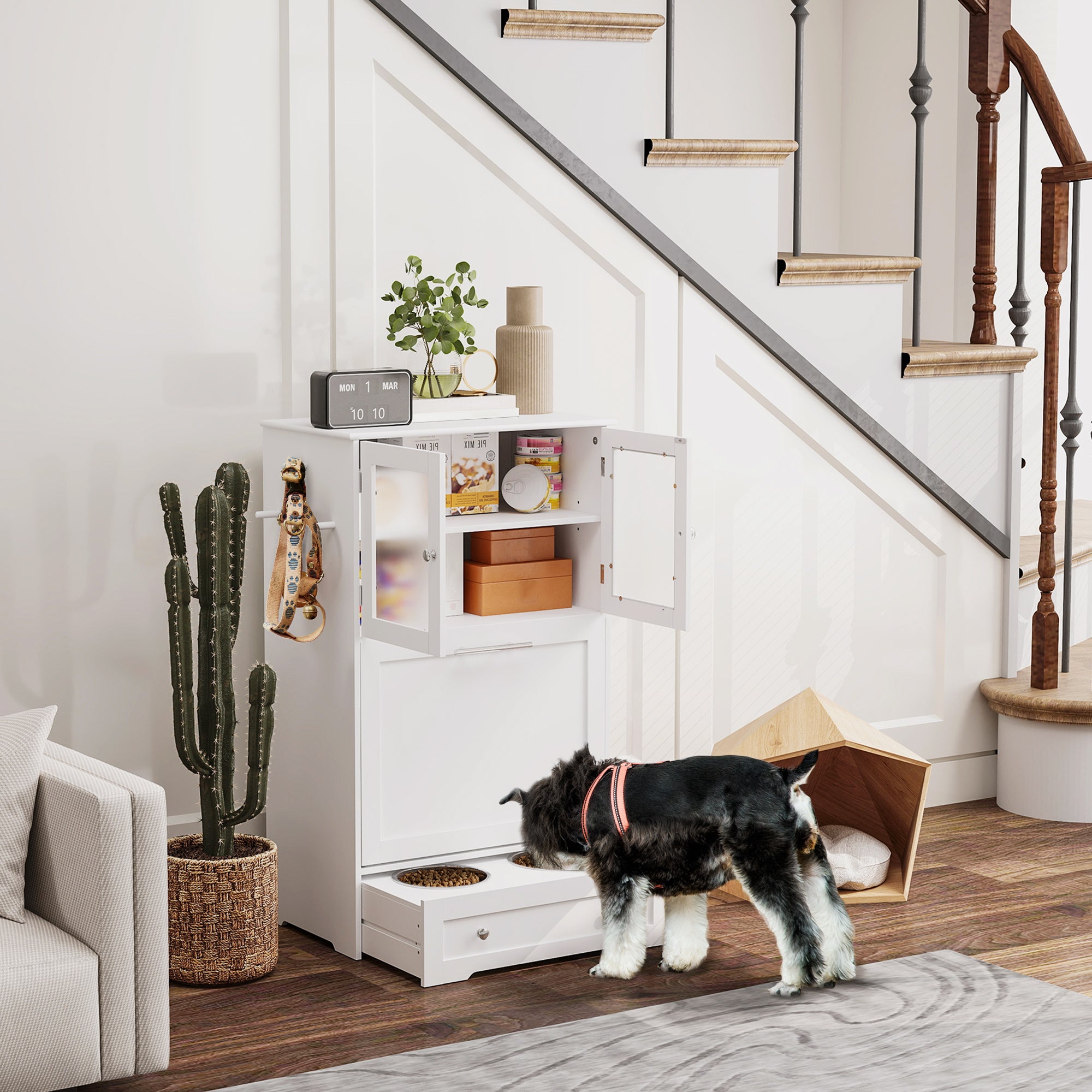 Dog Feeding Station with 2 Storage Cabinets, 2 Elevated Bowls, Side Hooks, Anti-tip Kit for Water and Feeding Supplies Dog Bowls at Gallery Canada