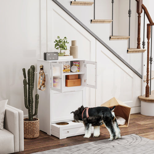 Dog Feeding Station with 2 Storage Cabinets, 2 Elevated Bowls, Side Hooks, Anti-tip Kit for Water and Feeding Supplies