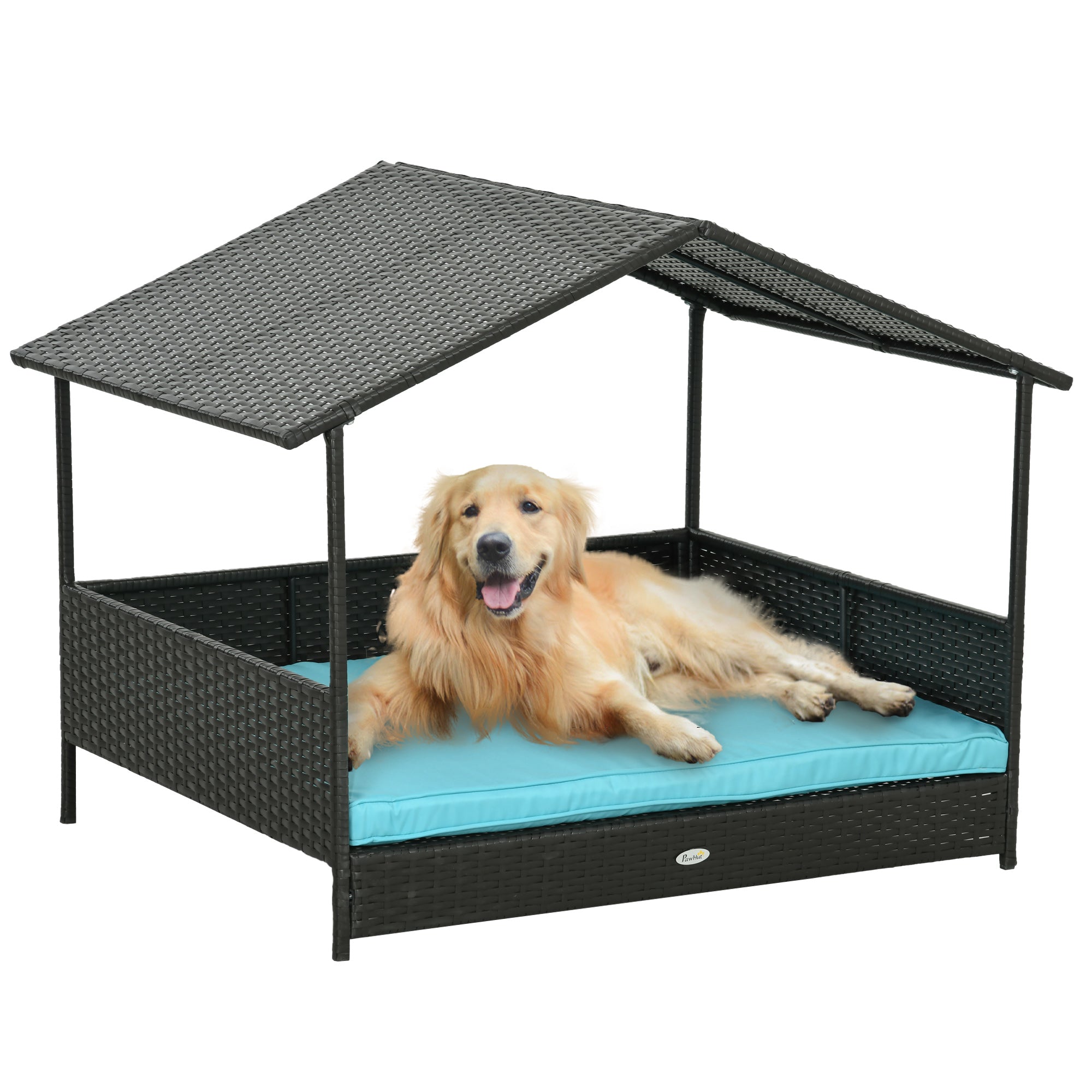 Outdoor Dog House Wicker Dog Bed with Soft Cushion Washable Cover, for Medium Large Dogs Indoor Outdoor, Blue Houses, Kennels & Pens at Gallery Canada