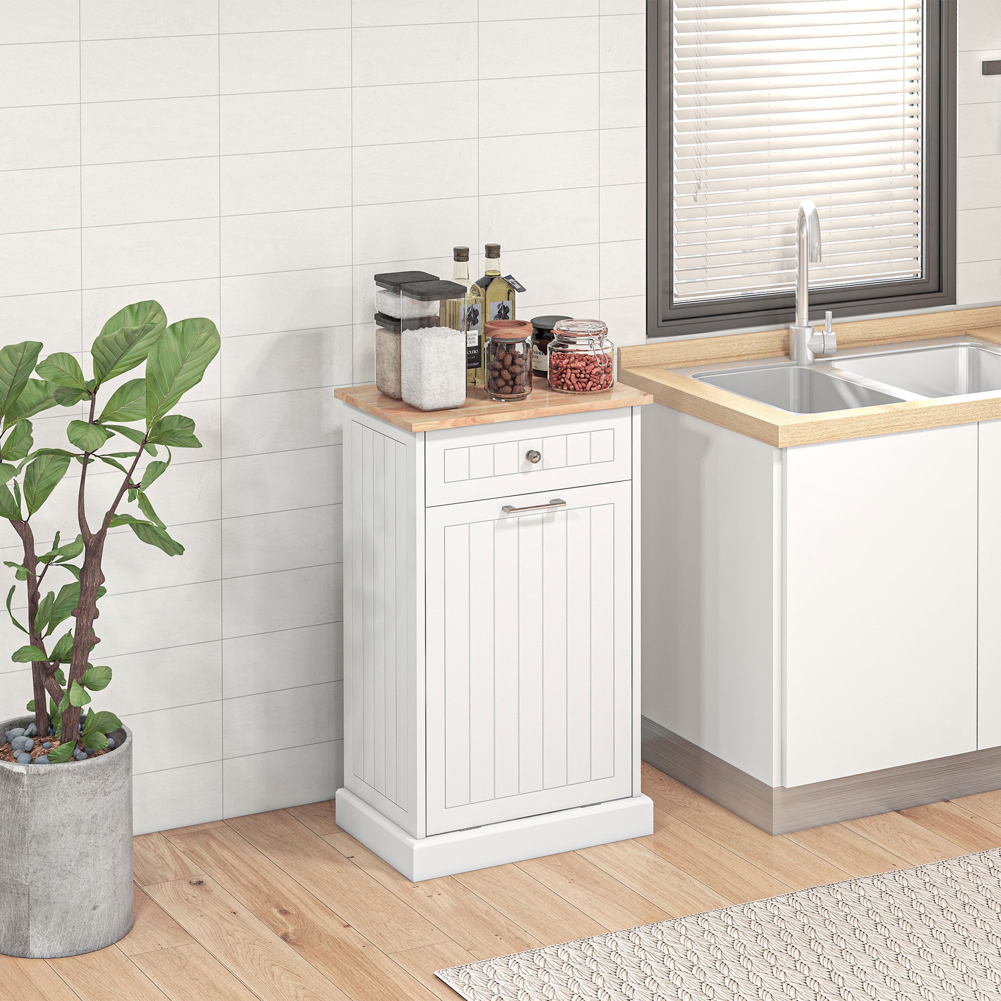 Kitchen Tilt Out Trash Bin Cabinet, Free Standing Recycling Cabinet, Trash Can Holder with Drawer, White Storage Cabinets White  at Gallery Canada