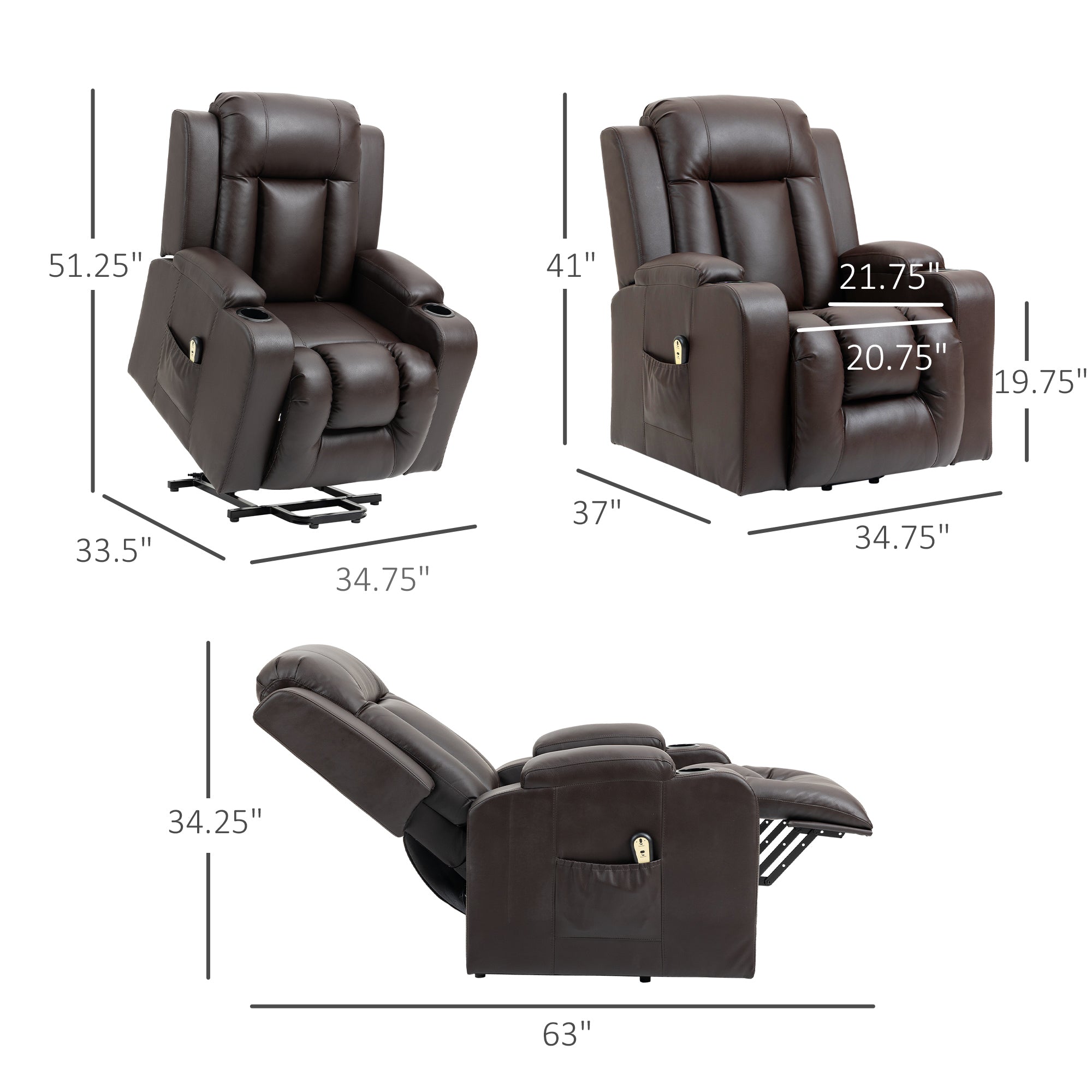 Electric Power Lift Chair, PU Leather Recliner Sofa with Footrest, Remote Control and Cup Holders, Brown Electric Power Lift Chairs Brown  at Gallery Canada