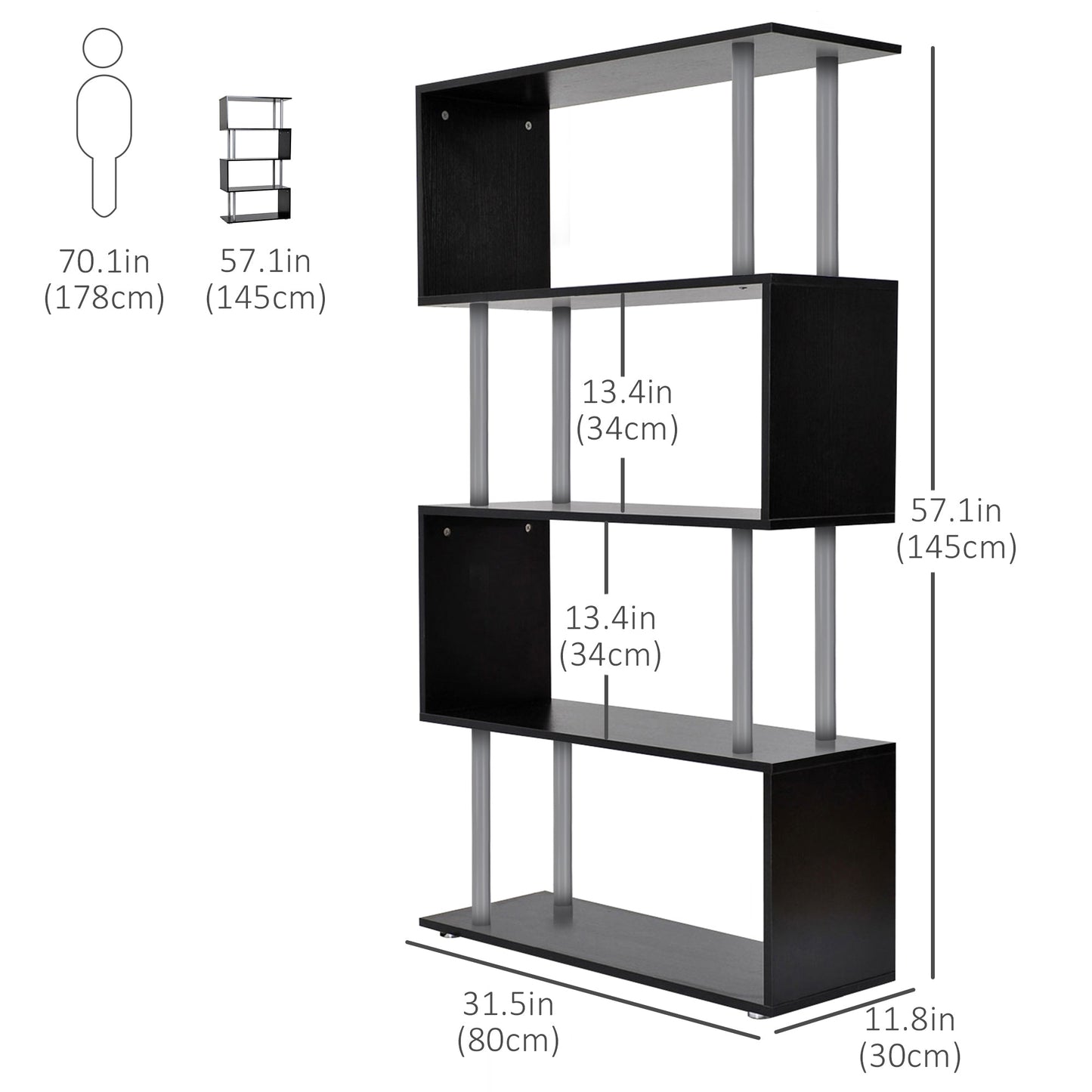 5-Tiers Wooden Bookcase Z-Shape Storage Bookshelf Display with Metal Frame for Living Room, Bedroom, Office, Black Display Bookshelves   at Gallery Canada