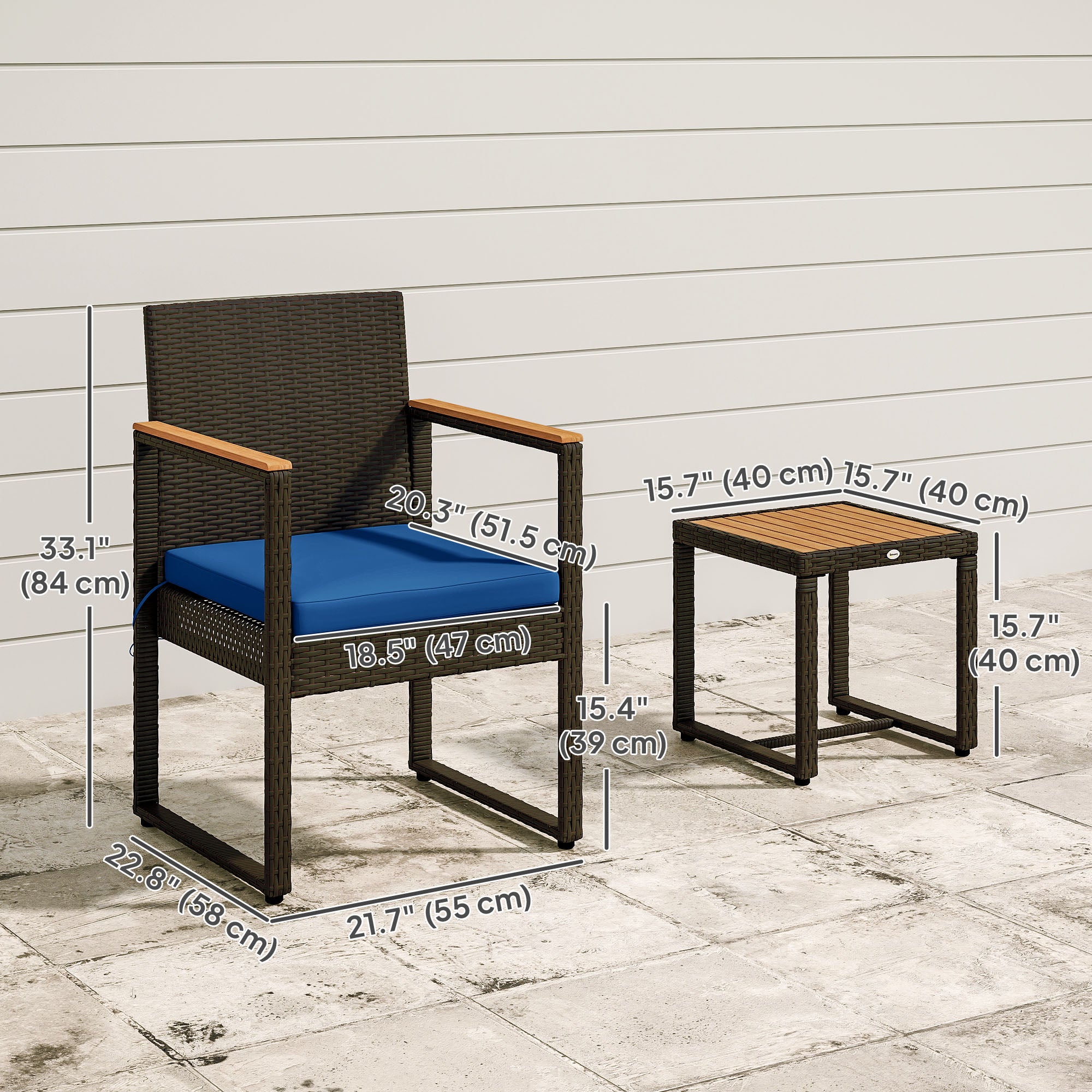 3 Pieces Wicker Patio Furniture Set, Rattan Bistro Set w/ Acacia Wood Table &; Removable Cushions, Dark Blue Bistro Sets at Gallery Canada