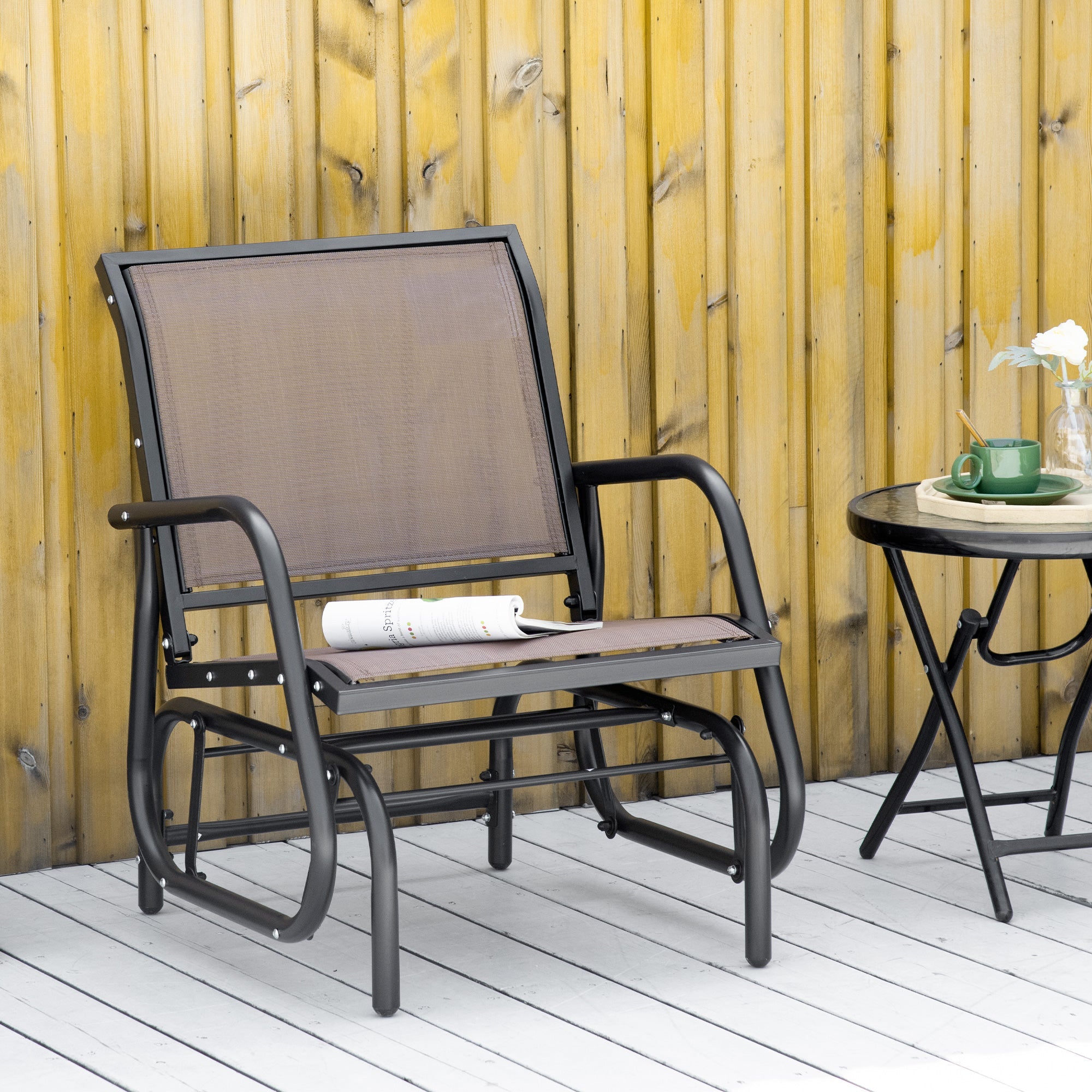 Breathable Mesh Patio Glider Swing Chair with Metal Frame and Curved Armrests, Brown Outdoor Gliders   at Gallery Canada