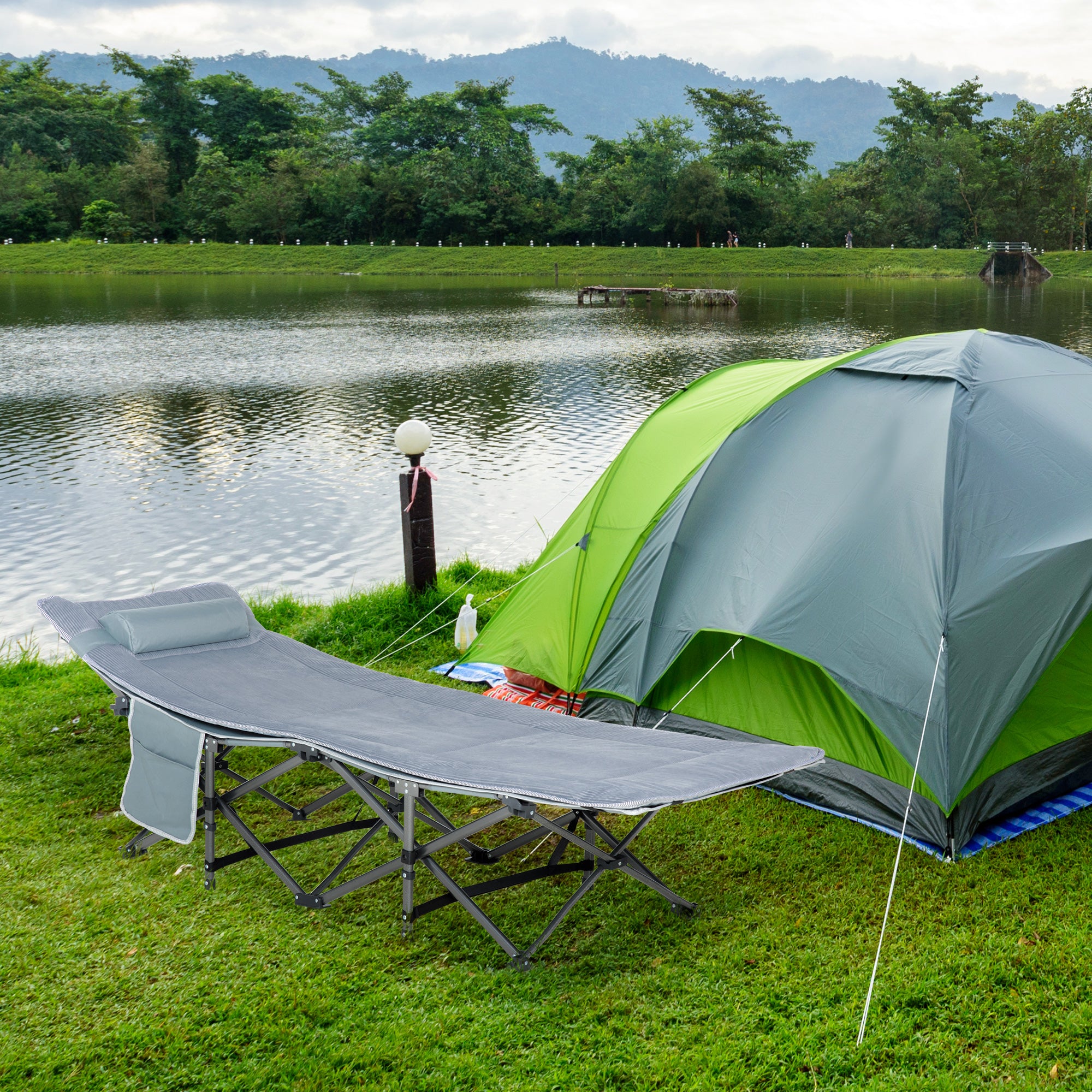 Folding Camping Cot with Mattress &; Pillow, Double Layer Oxford Heavy Duty Sleeping Cot with Carry Bag Dark Grey Camping Cots at Gallery Canada