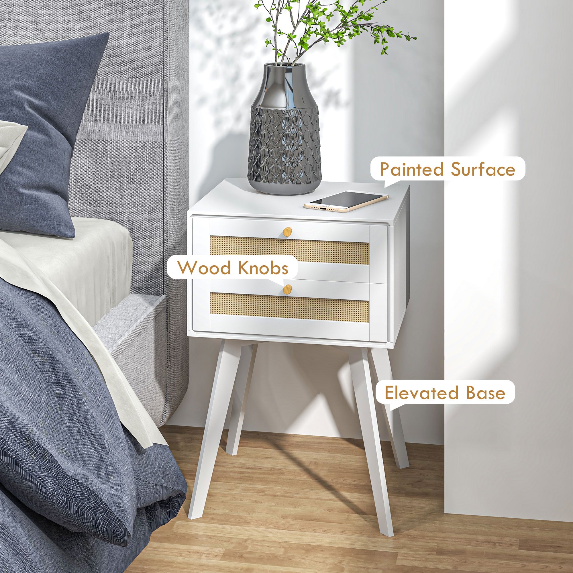 Boho Night Stands Set of 2, Bedside Tables with 2 Rattan Drawers, Square End Tables for Bedroom, Living Room Bedside Tables at Gallery Canada