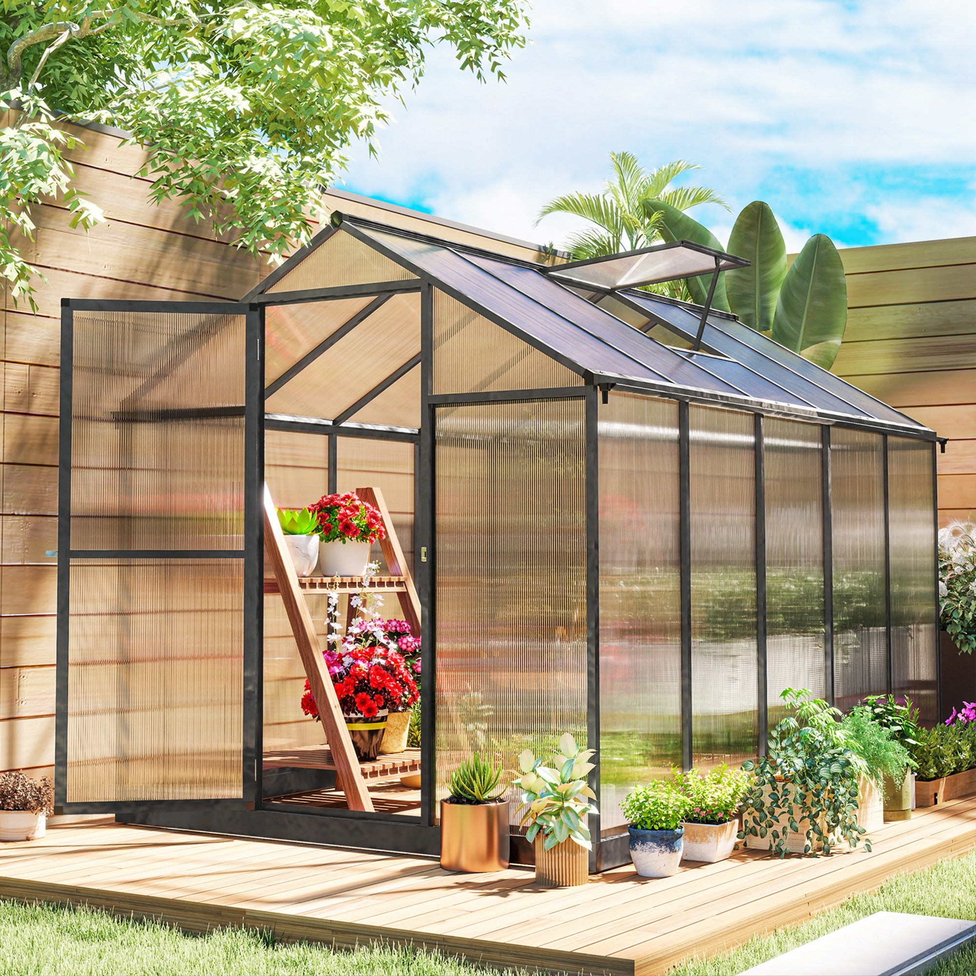 6' x 10' x 6.4' Walk-in Garden Greenhouse Polycarbonate Panels Plants Flower Growth Shed Cold Frame Outdoor Portable Warm House Aluminum Frame, Charcoal Grey Walk In Greenhouses at Gallery Canada