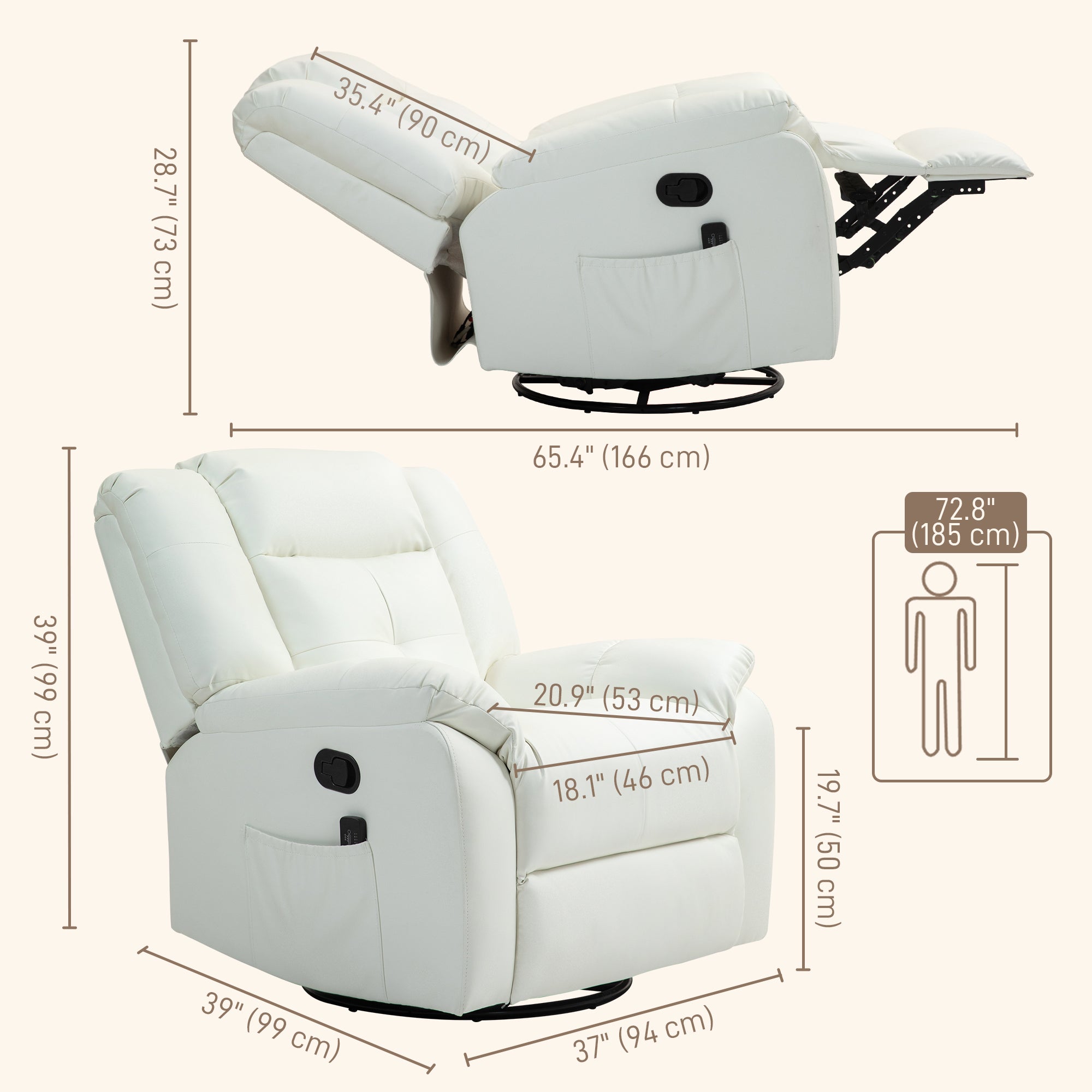 Vibration Massage Recliner, PU Leather Manual Reclining Chair, Rocker, Cream White Single Sofas   at Gallery Canada