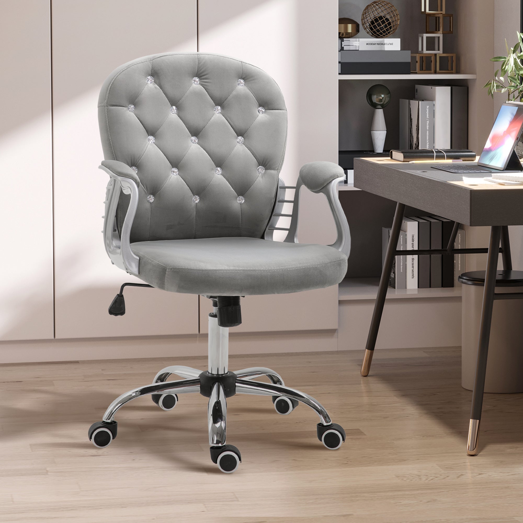 Velvet Vanity Office Chair, Button Tufted Swivel Chair with Adjustable Height, Padded Armrests and Tilt Function, Grey Task Chairs at Gallery Canada