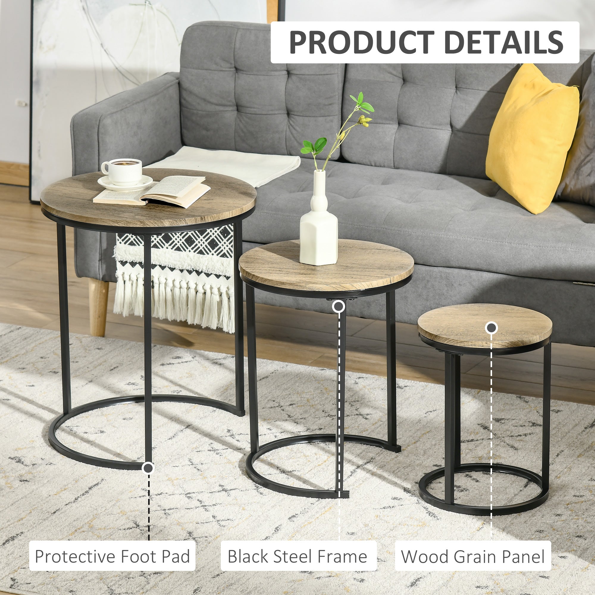 Nesting Tables Set of 3, Round Coffee Table, Modern Stacking Side Tables with Wood Grain Steel Frame for Living Room, Brown Side Tables   at Gallery Canada