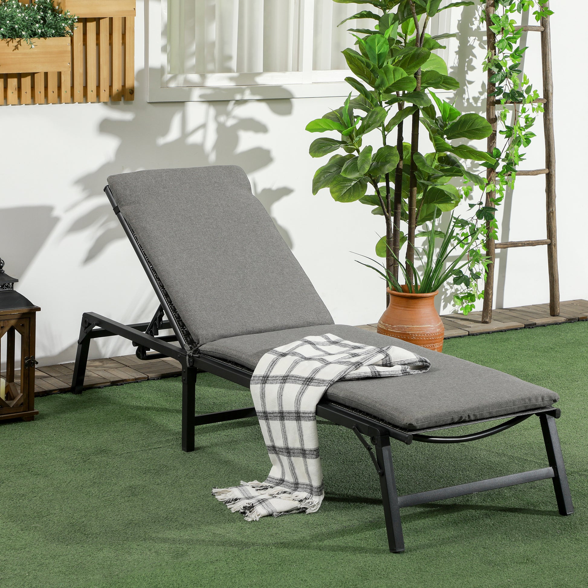 Foldable Patio Lounger with Cushion, 5-Level Adjust Backrest Recliner Chair, Grey Chaise Loungers Multi Colour  at Gallery Canada