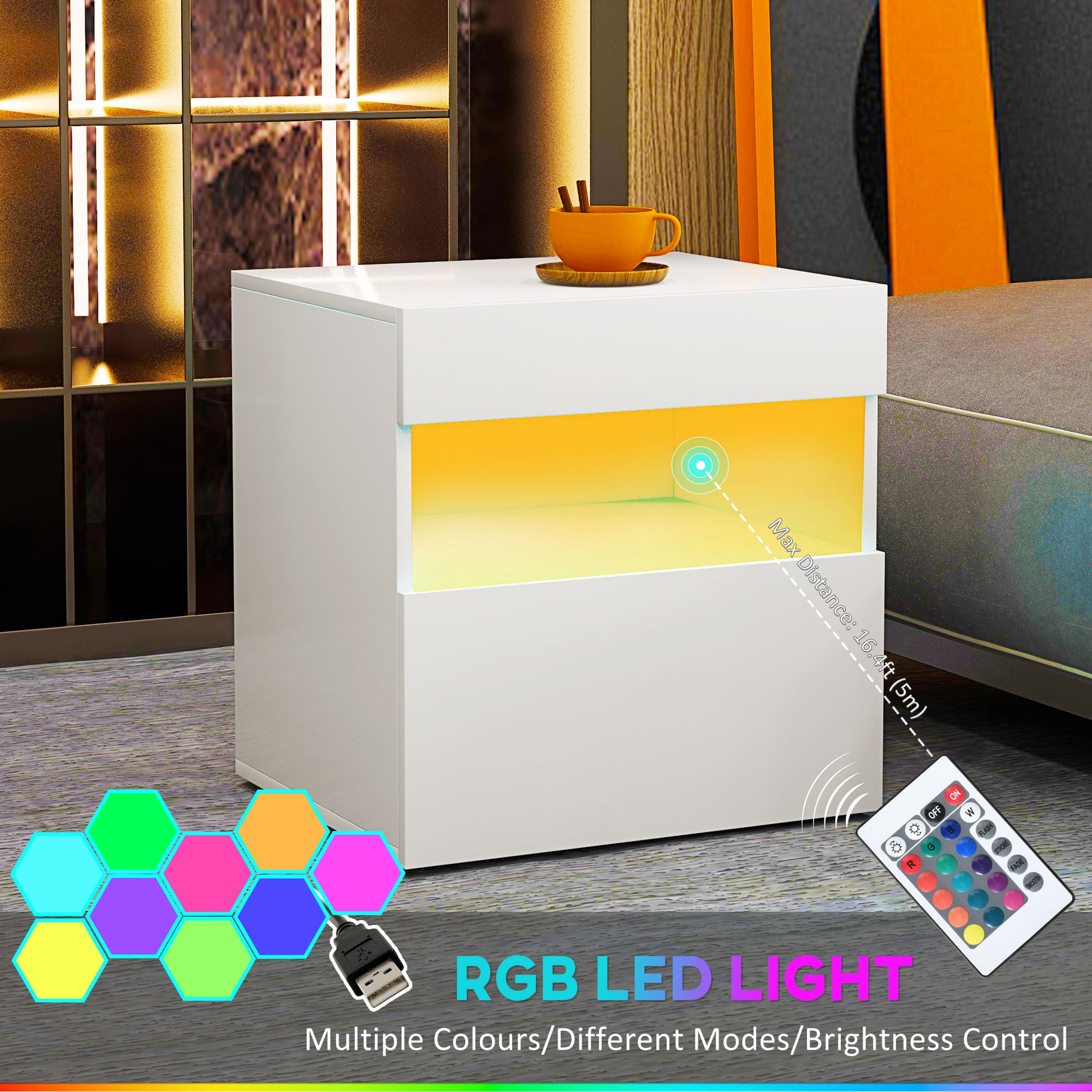 Nightstand with LED Lights, Small Bedside Table with Drawer and Open Shelf Bedside Tables   at Gallery Canada