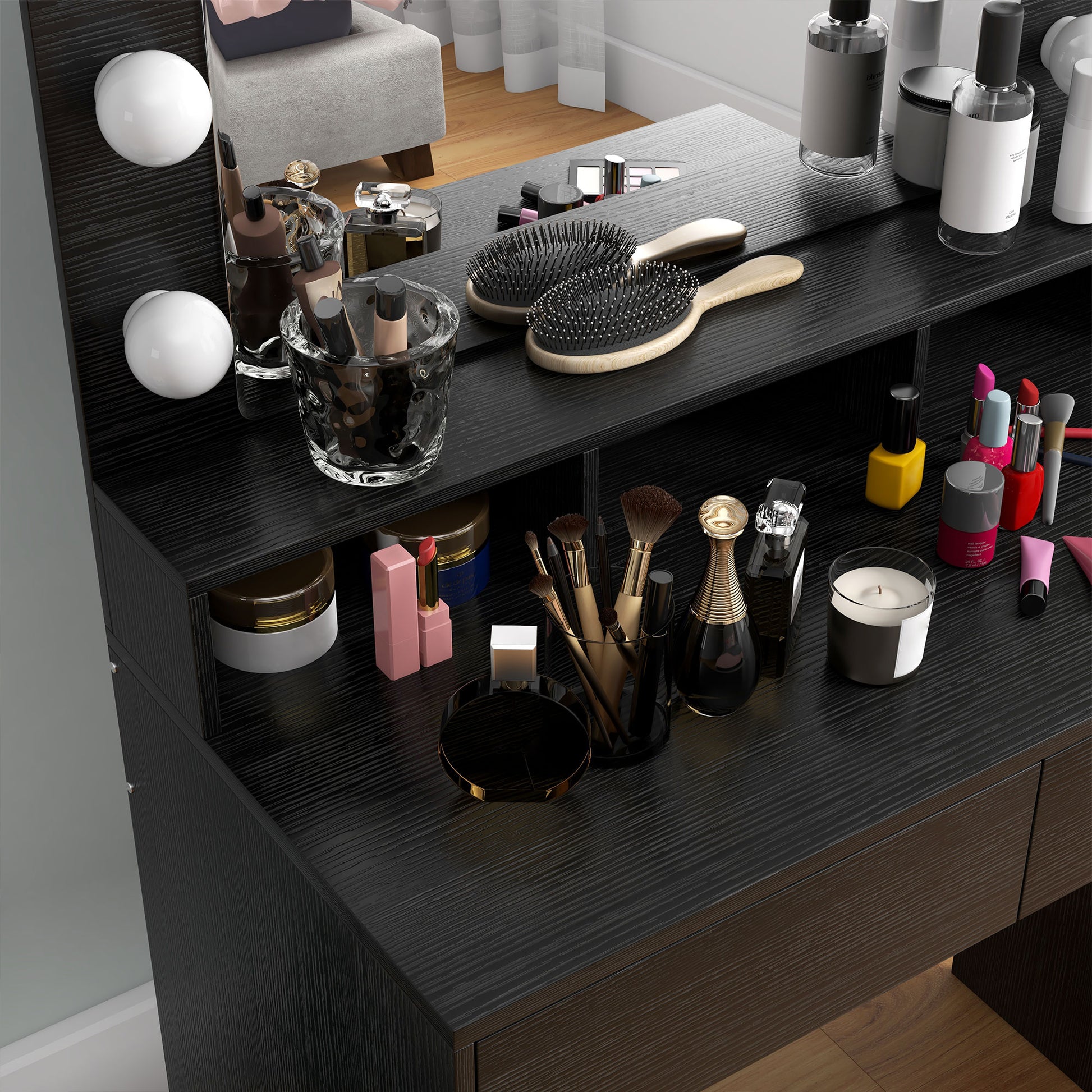 Vanity Table, Makeup Dressing Table with LED Lighting Mirror, Drawers, for Bedroom, Black Dressing & Vanity Tables   at Gallery Canada