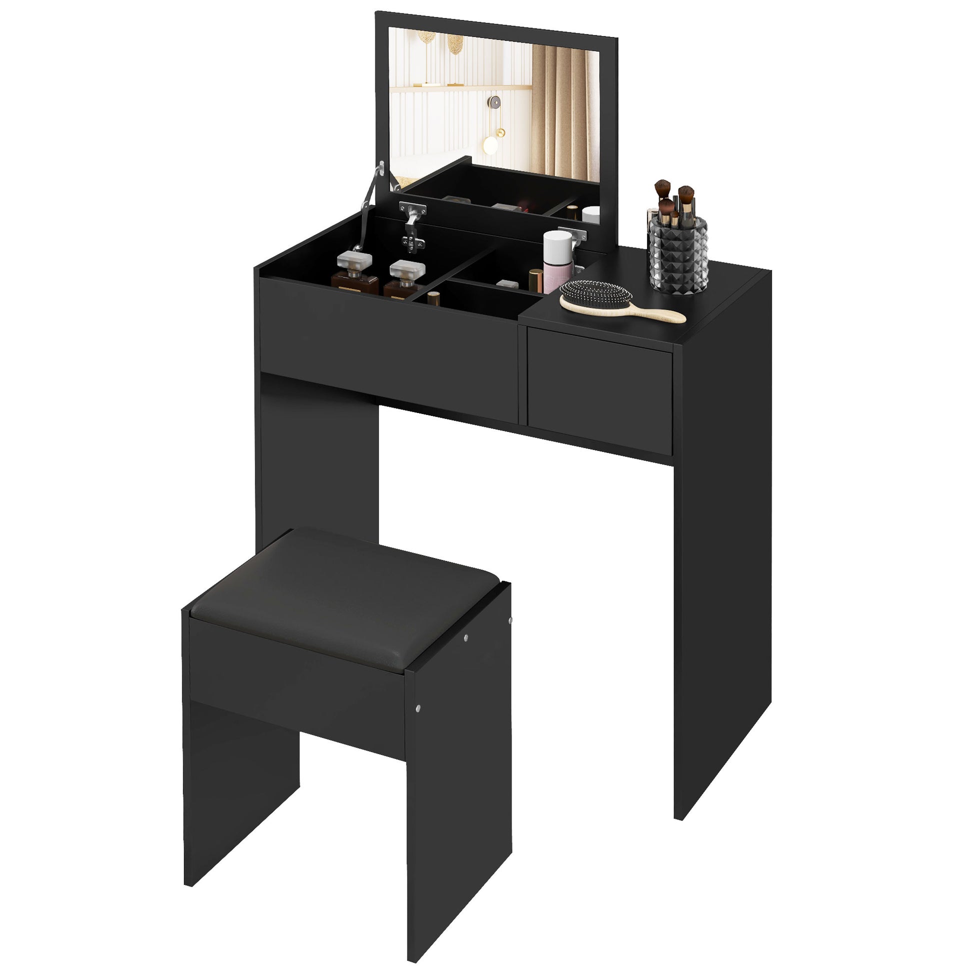 Modern Vanity Set with Flip Top Mirror and Cushioned Stool, Dressing Table with Storage Drawer for Bedroom, Black Dressing & Vanity Tables   at Gallery Canada