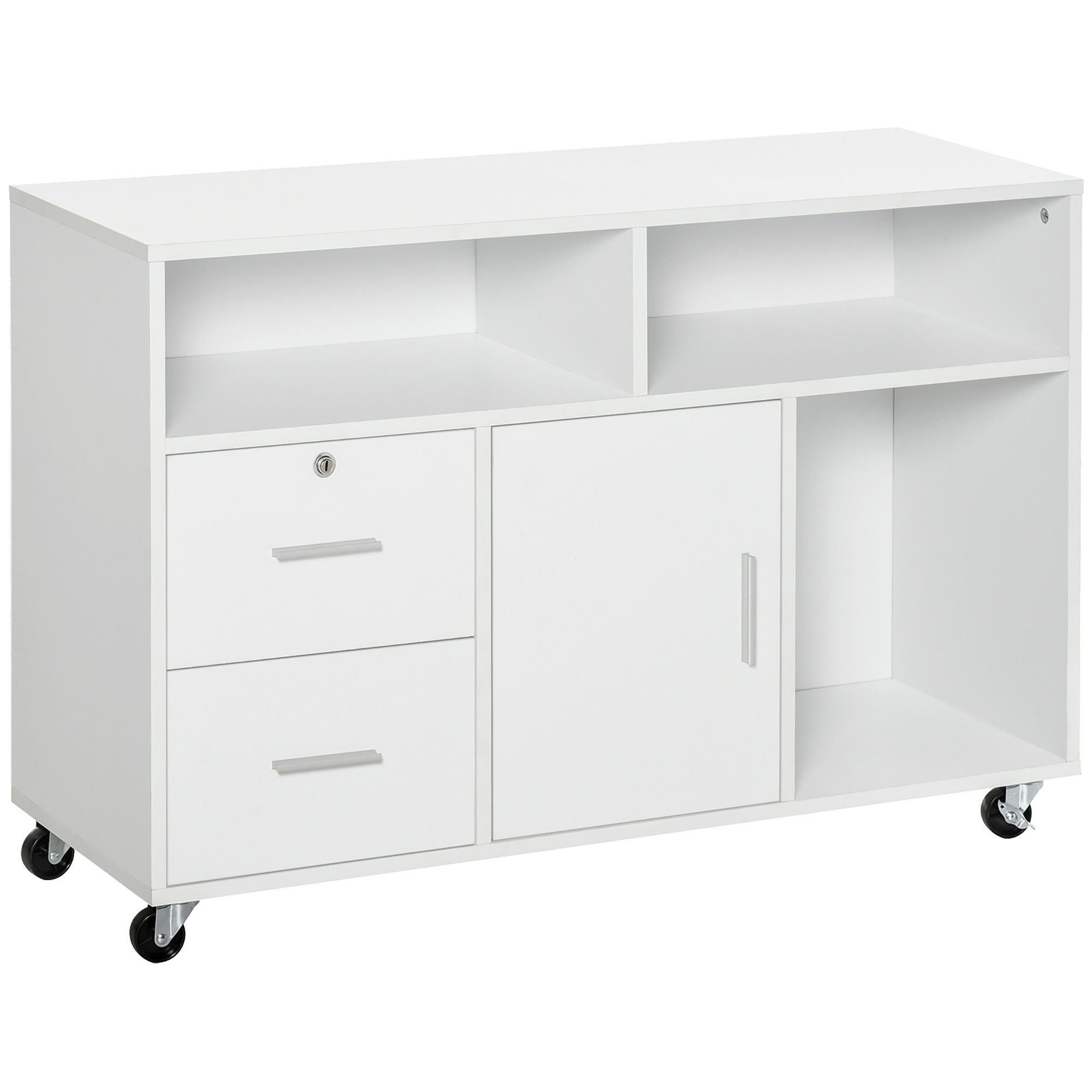 Lateral Filing Cabinet with Open Storage Shelf, Printer Stand Home Office Mobile File Cabinet with Wheels, Lockable Drawer, White Office Cabinets & Cupboards White at Gallery Canada